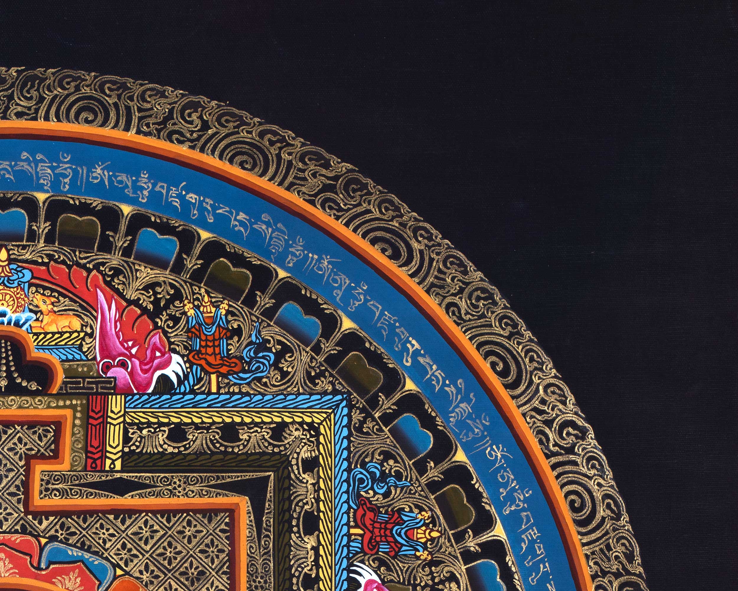 Buddha Shakyamuni Mandala Thangka Painting | Himalayan Buddhist Art  of Buddha On Lotus Throne  | 24 K Gold Work On Black  Base Color