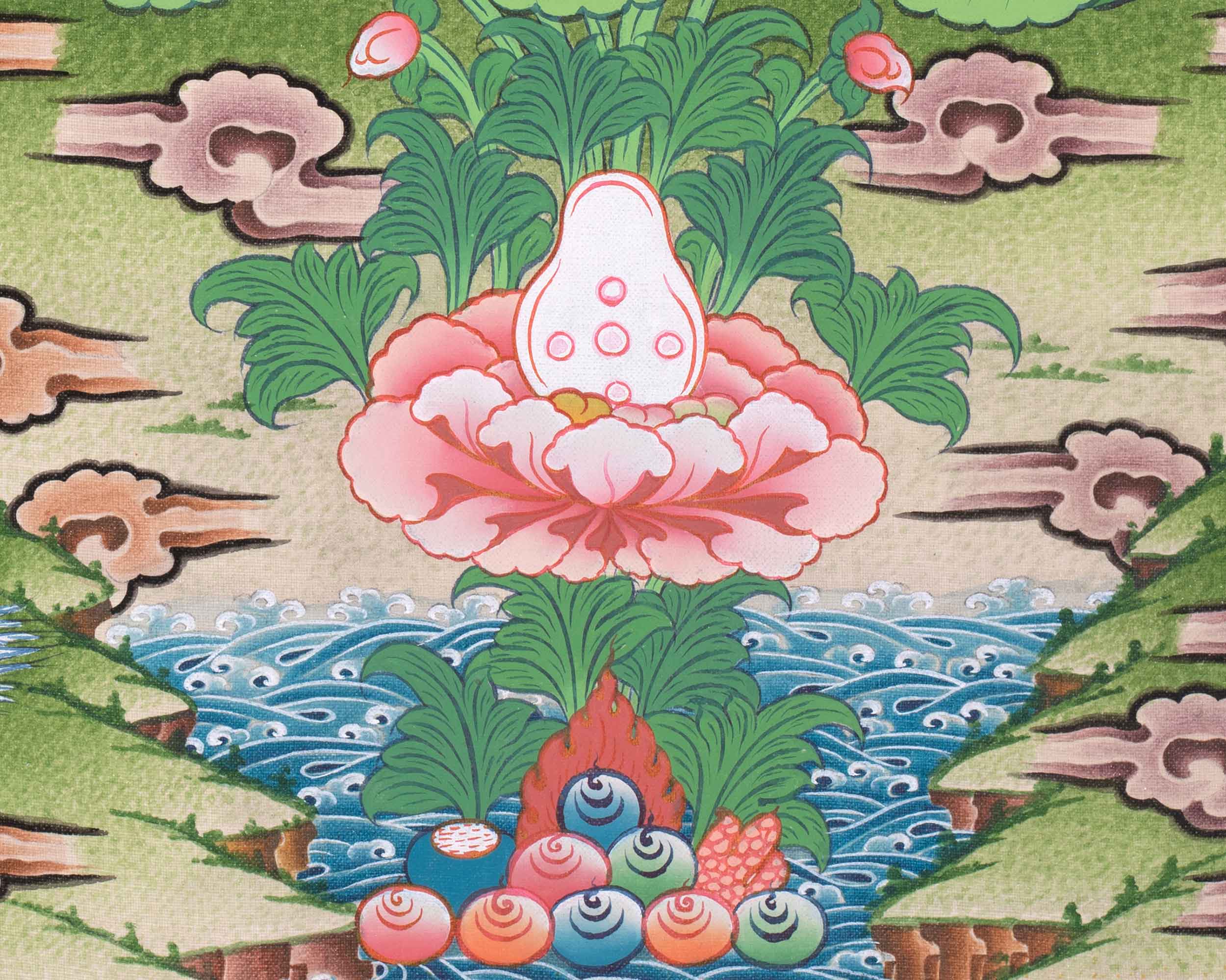 Five Dzambhalas Thangka | Featuring Amitabha Buddha | Hand-Painted on Cotton Canvas