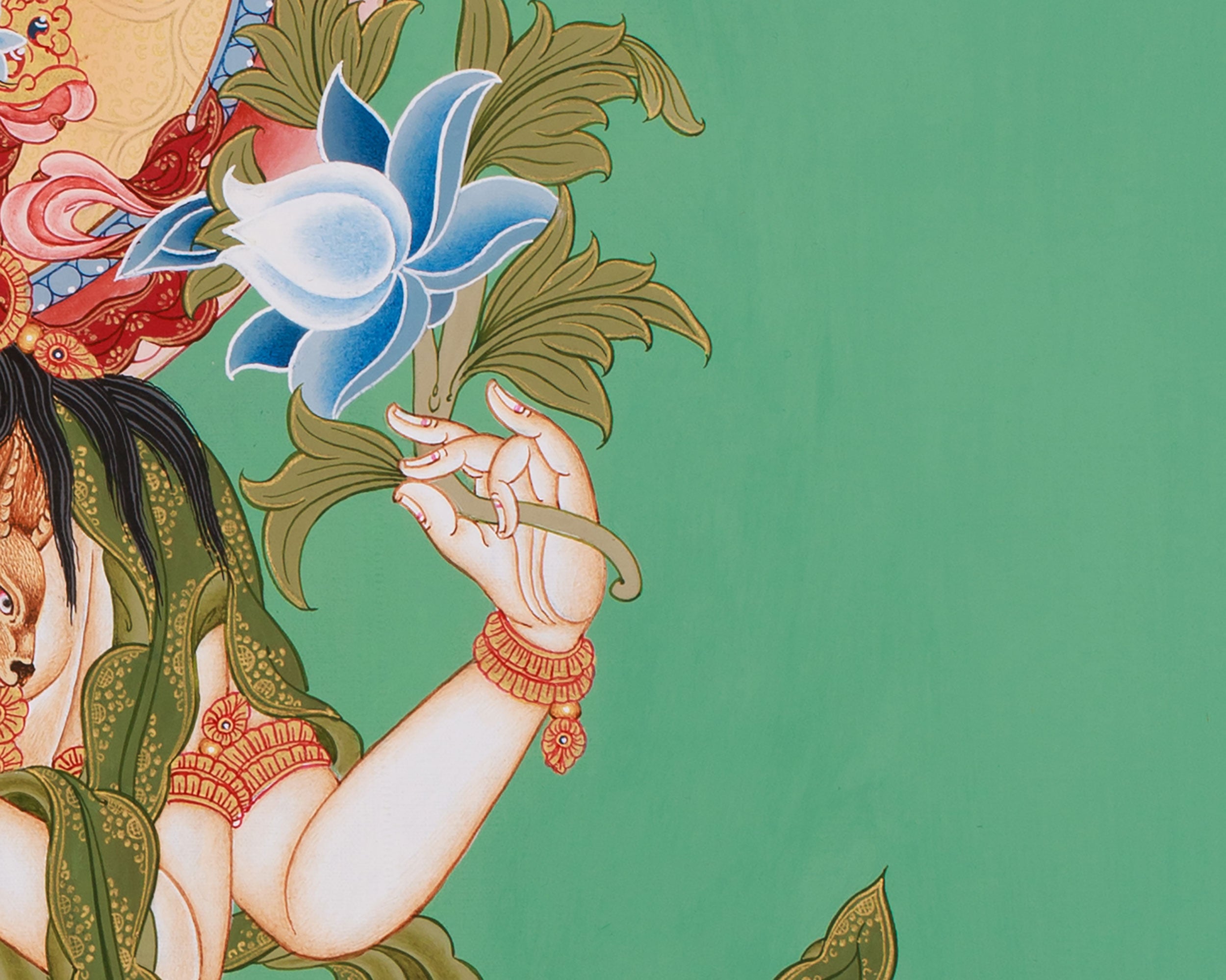 Hand-Painted Four-Armed Chenrezig | Bodhisattva of Compassion on Green Canvas