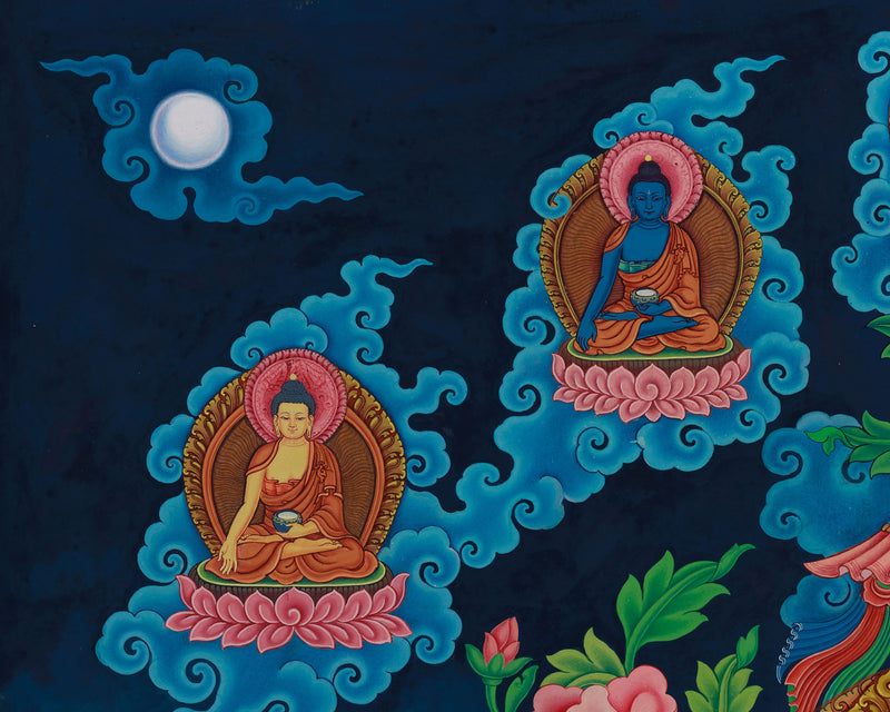 Exquisite Manjushri Painting | 5 Dhyani Buddhas and Bodhisattva | Tibetan Buddhist Wisdom Art