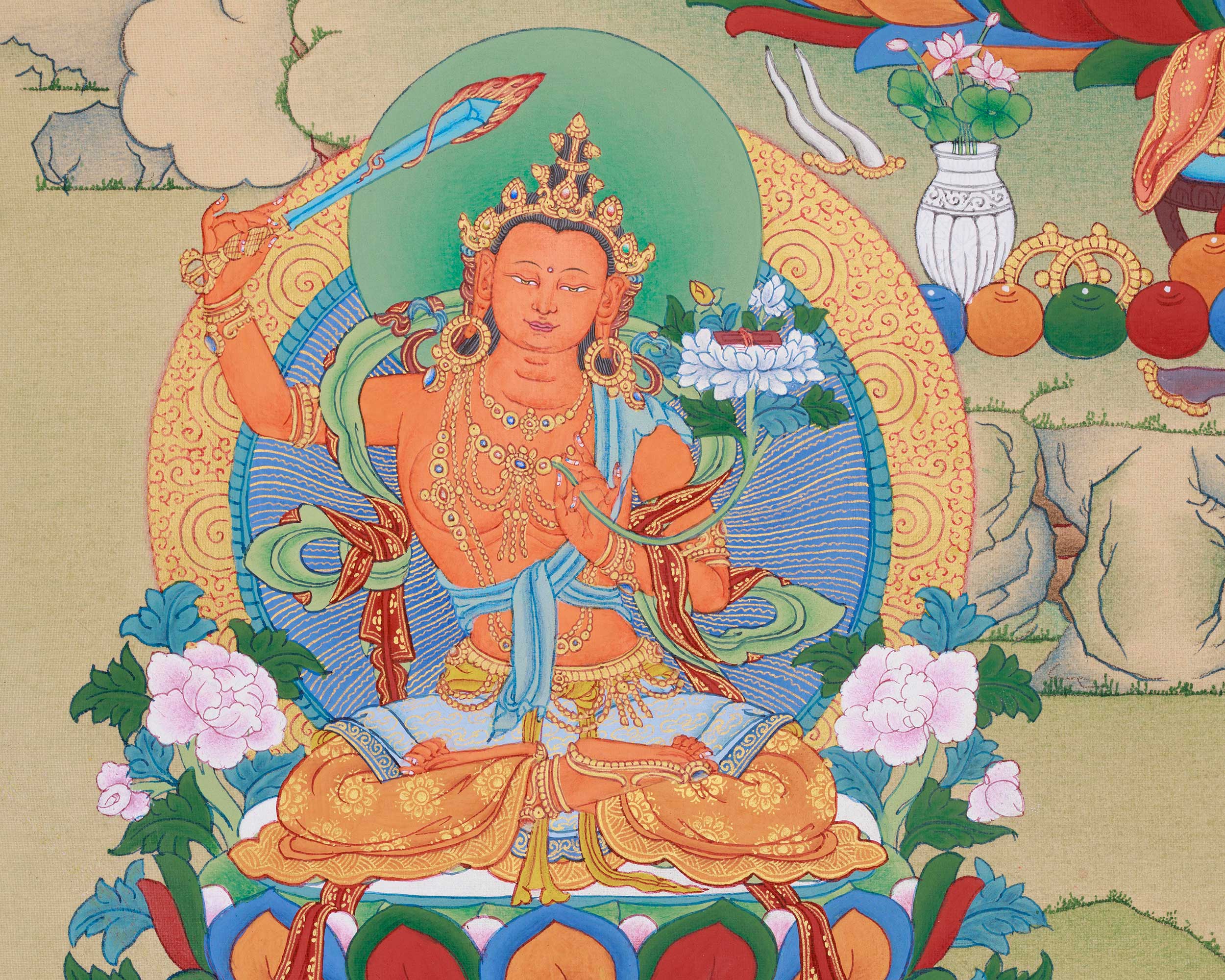 Bodhisattvas Chenrezig, Manjushri, and Vajrapani | Thangka of Divine Trio