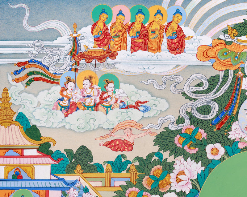 Buddhist Pure Land Thangka | Hand-Painted Amitabha Singham Artwork