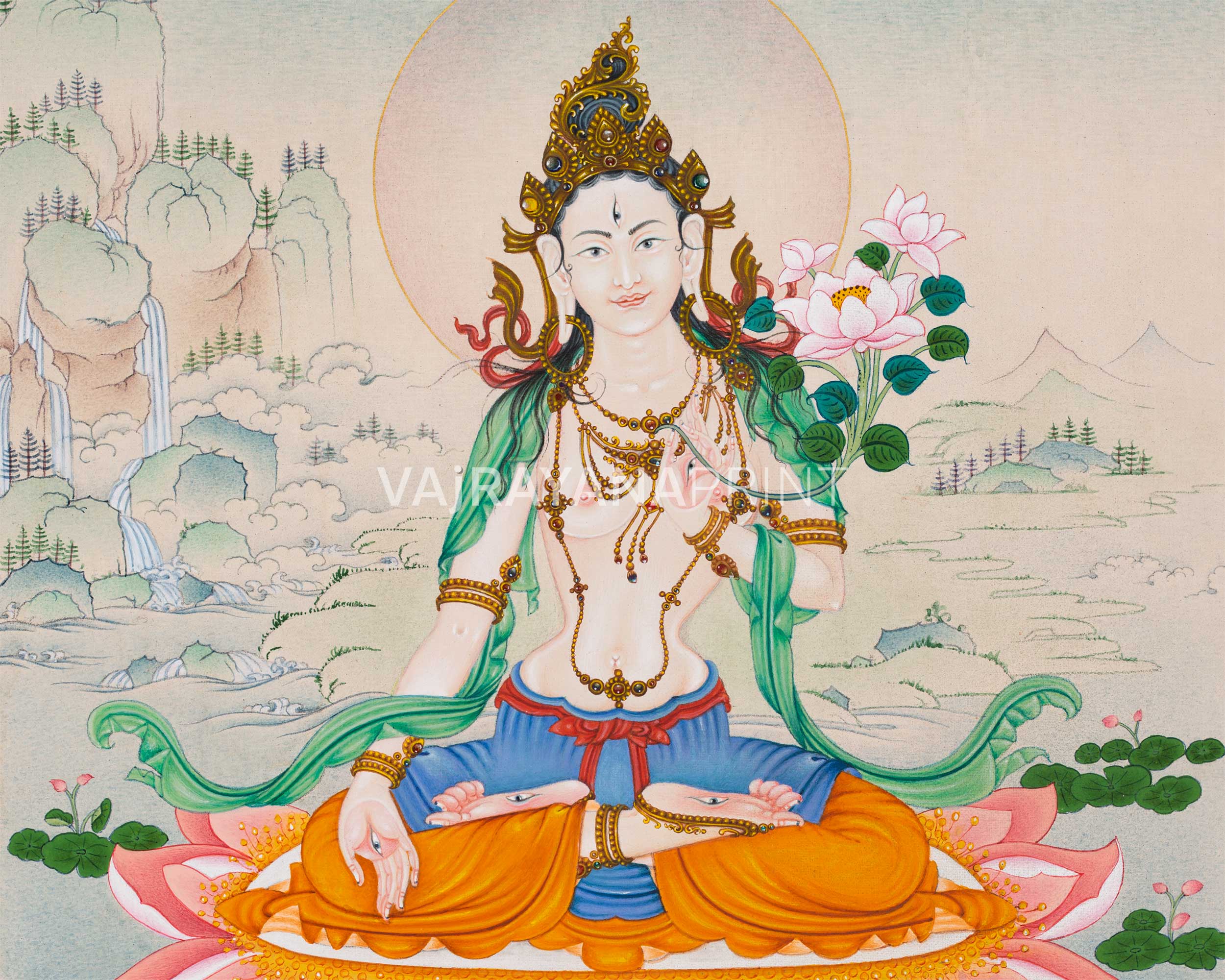Magnificent Tara Duo: White Tara and Green Tara Thangka Prints