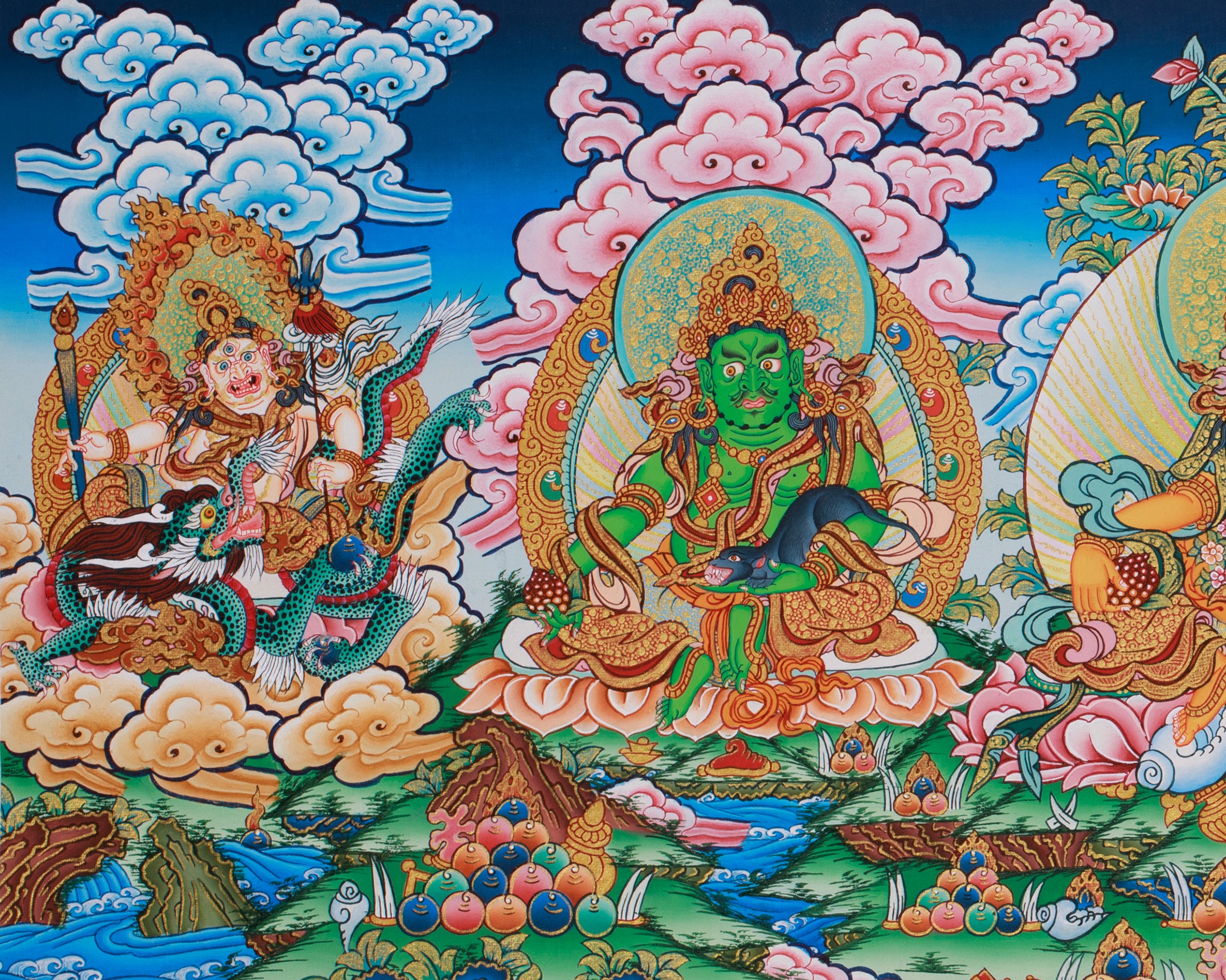 Buddhist 5 Dzambhala Thangka | Divine Guardians of Fortune & Wealth