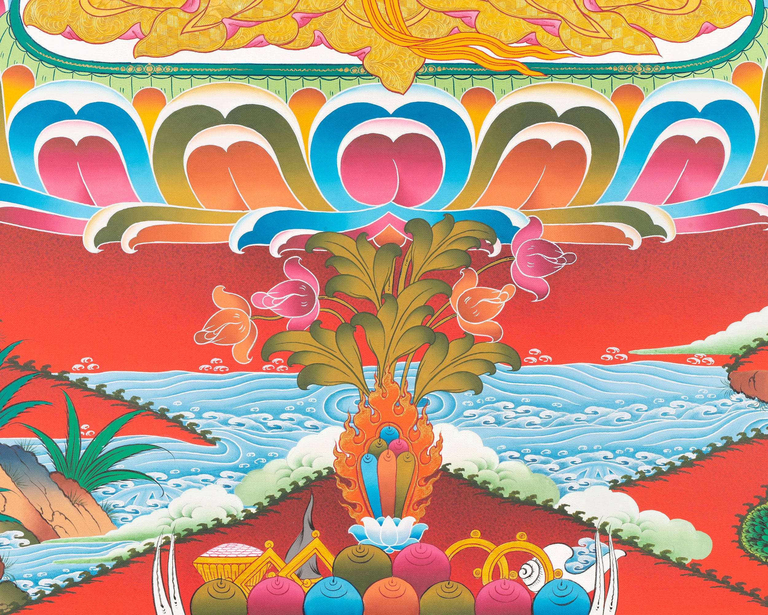 Hand-Painted Amitayus Buddha Thangka | Buddha of Longevity in Red Background