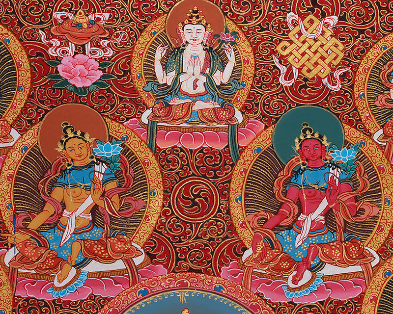 Divine Twenty-One Taras Thangka | The Compassionate Goddess & Her Emanations