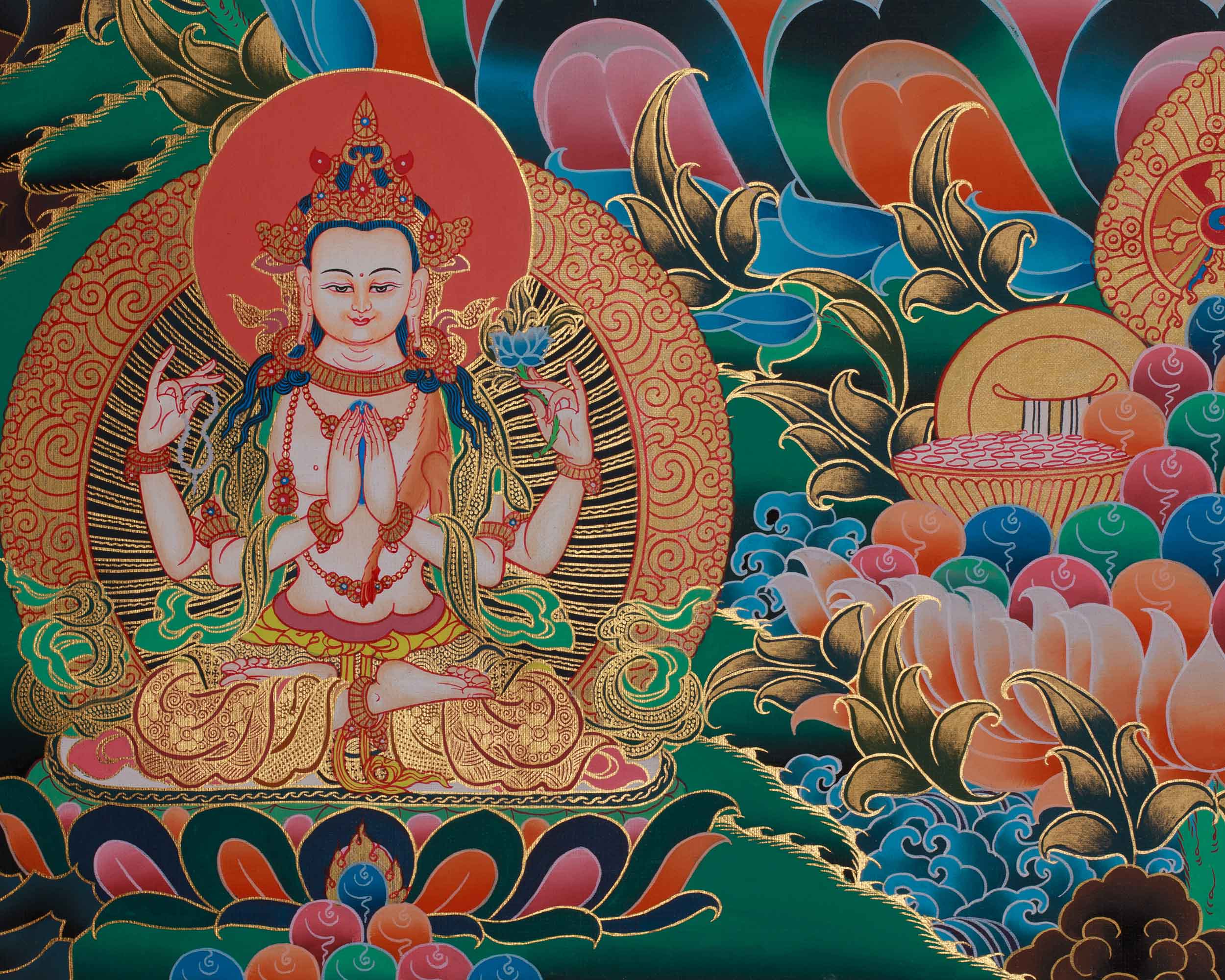 Himalayan Thangka Of Manjushri | Amitabha Buddha, Chenrezig, Vajrapani