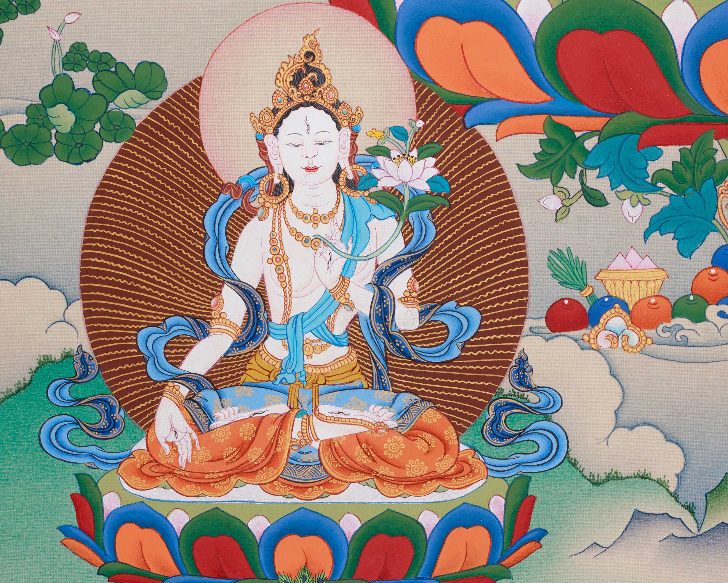 Sacred Manjushri, White Tara, and Dzambhala Thangka | Knowledge, Protection, and Prosperity