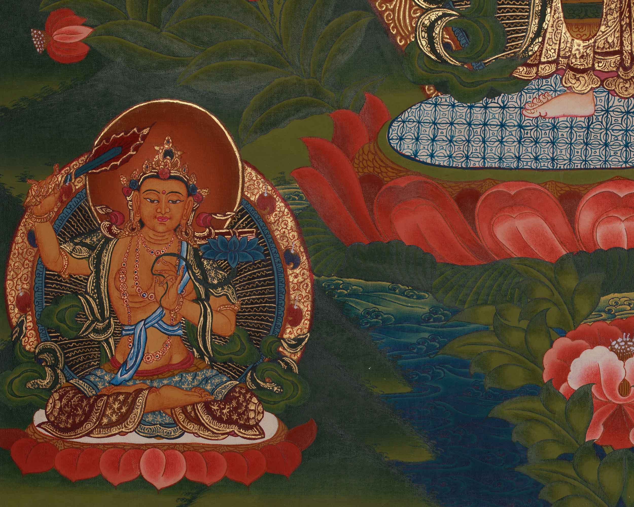 1000 Armed Chenrezig with Five Dhyani Buddha Thangka | Manjushri And Vajrapani Art