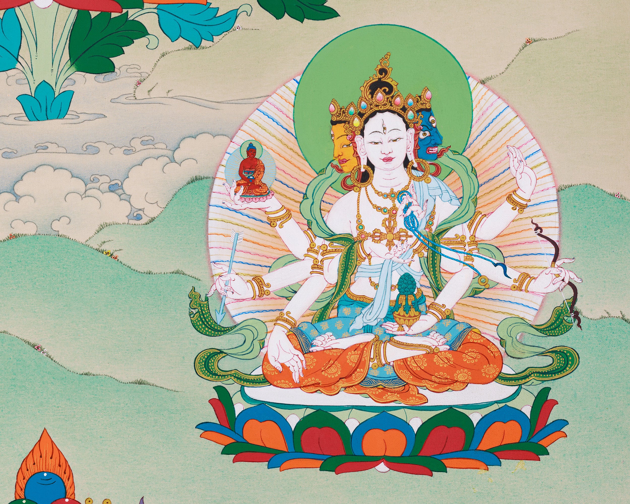 Amitayus with White Tara and Namgyalma Painting | Tibetan Art of Longevity Deities