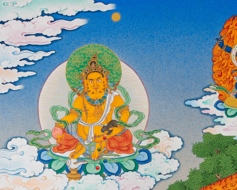 Thangka Print of White Mahakala with Five Jambala: Assembly of Wealth Deities