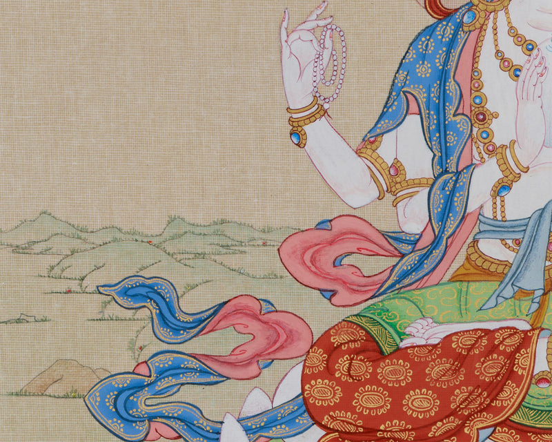 Lord of Compassion Chenrezig Thangka | Original Tibetan Artwork of Bodhisattva Avalokiteshvara