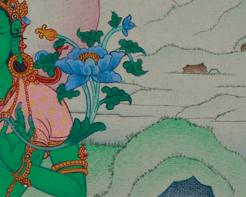 The Female Buddha, Green Tara Thangka | Compact Compassionate Artwork