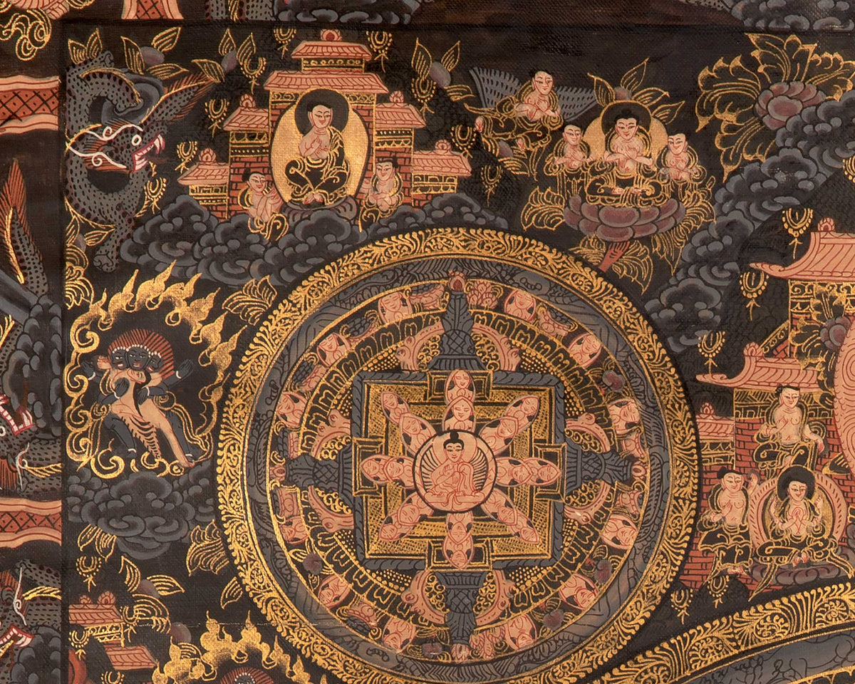 Dark Pancha Mandala With Brocade | Wall Decoration Painting