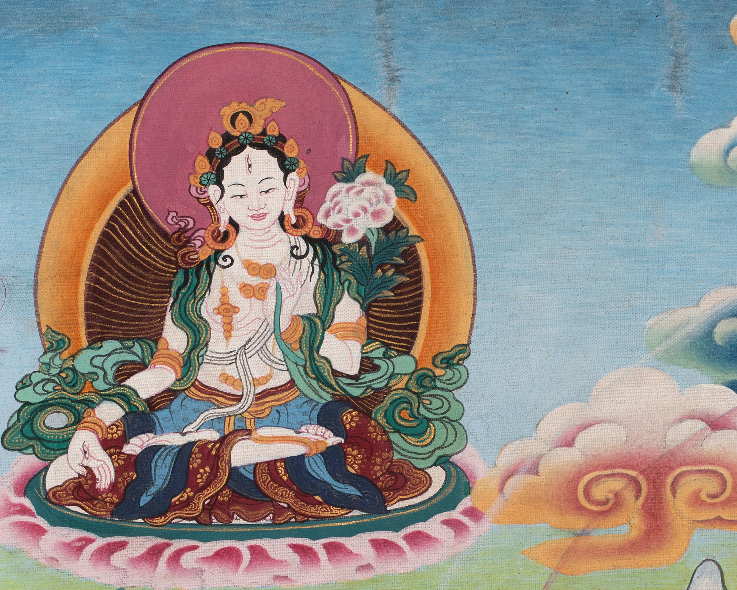 Original Vintage Chenrezig Thanka with Brocade | Traditional Thangka Art
