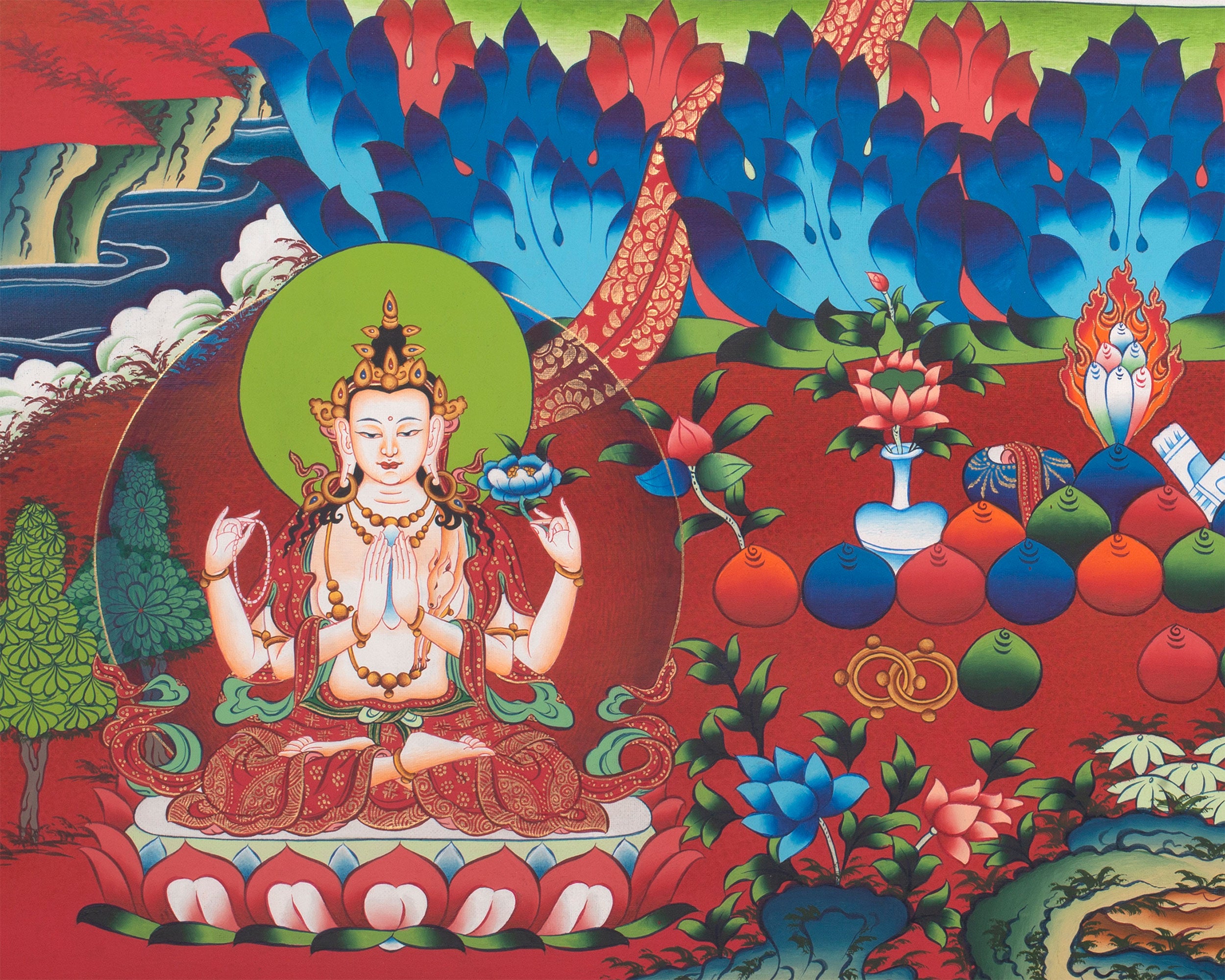 Sacred Manjushri Tibetan Thangka | Wisdom Deity on Vibrant Red Canvas