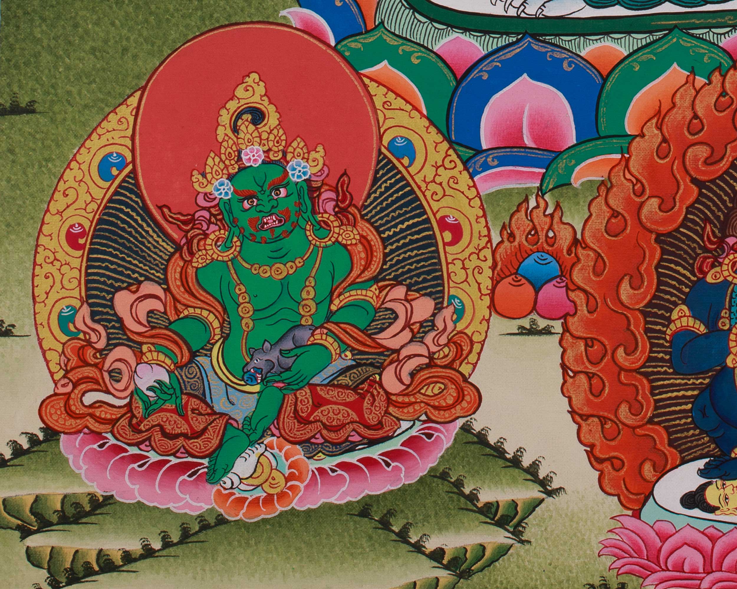 Namtoshe with Five Dzambhala and Guru Rinpoche Thangka | A Sacred Artwork of Prosperity and Spiritual Power