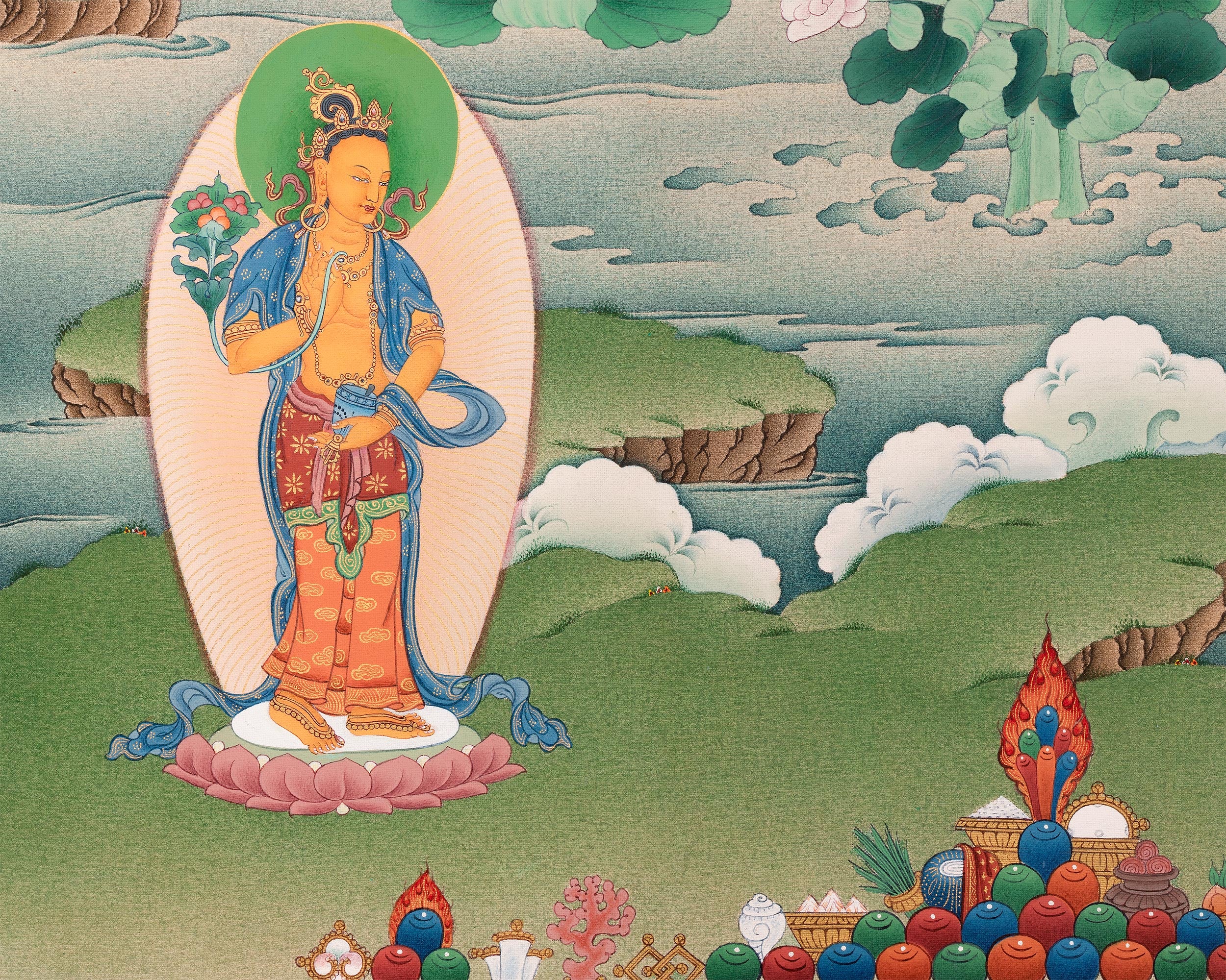 Tibetan Standing Guru with Four Bodhisattva | High-Quality Giclee Canvas Print