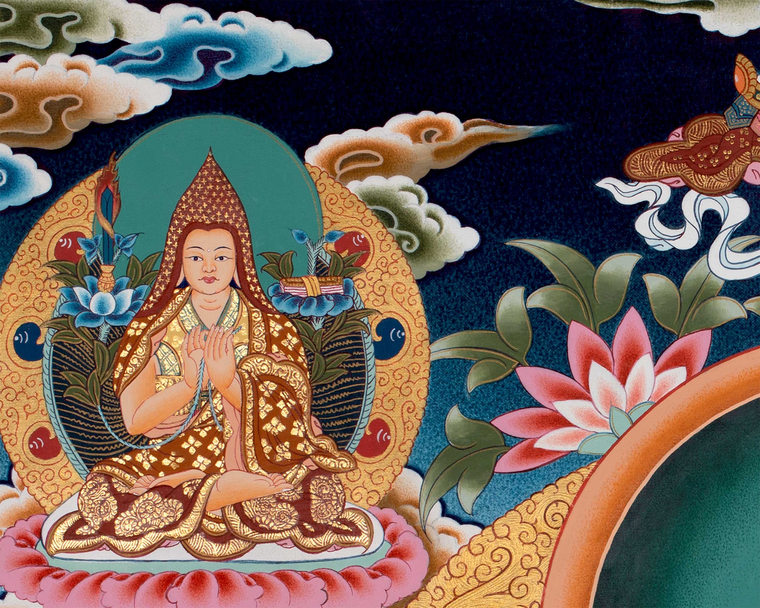 Maitreya Buddha Thangka Featuring Tsongkhapa, Guru Rinpoche, Green Tara & White Tara