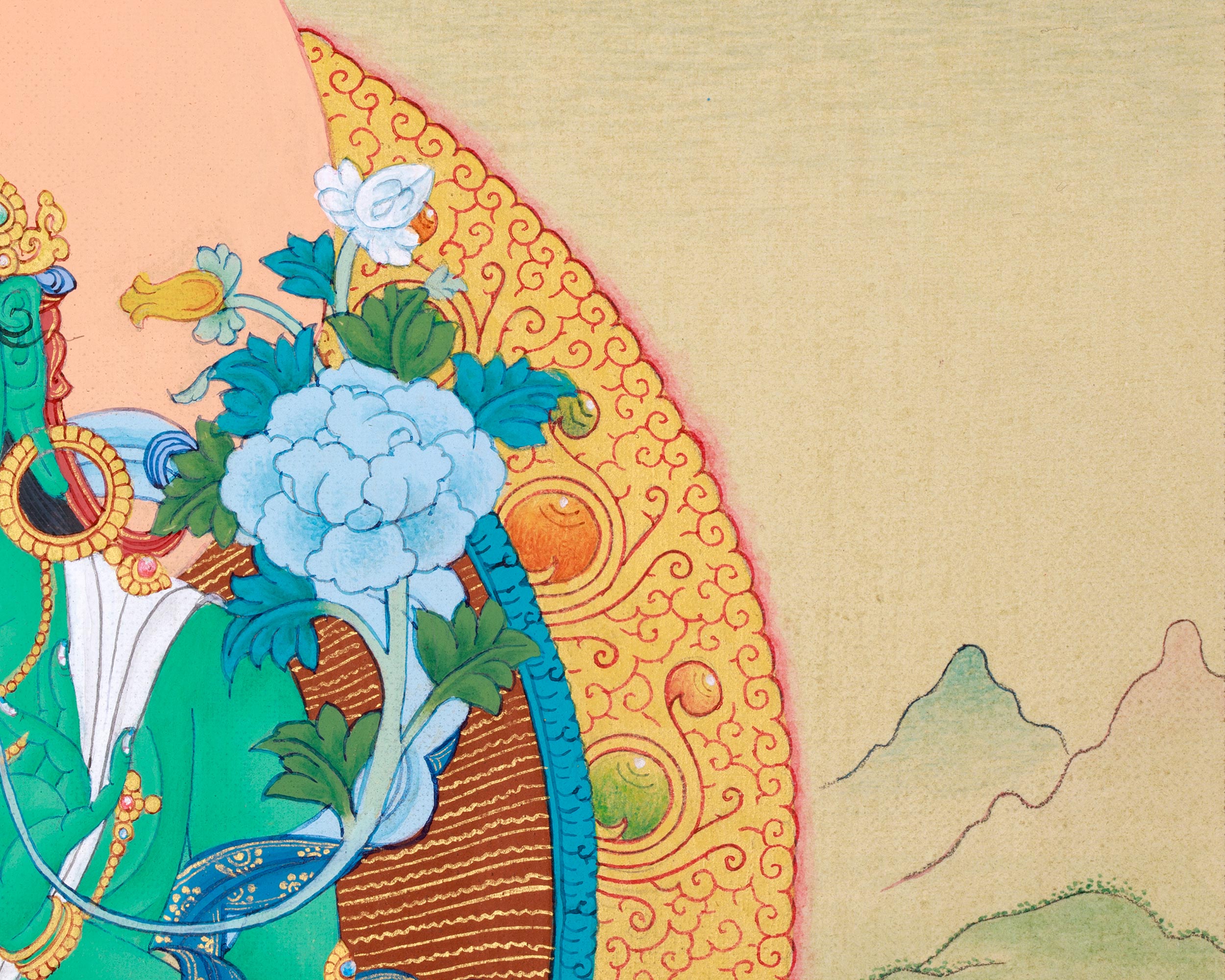 Small Size Green Tara Thangka in Gold