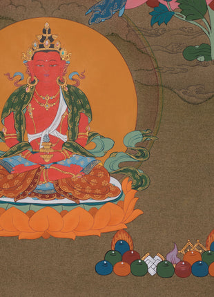 Sacred Three Long Life Deities Thangka | White Tara, Amitayus Buddha and Namgyalma