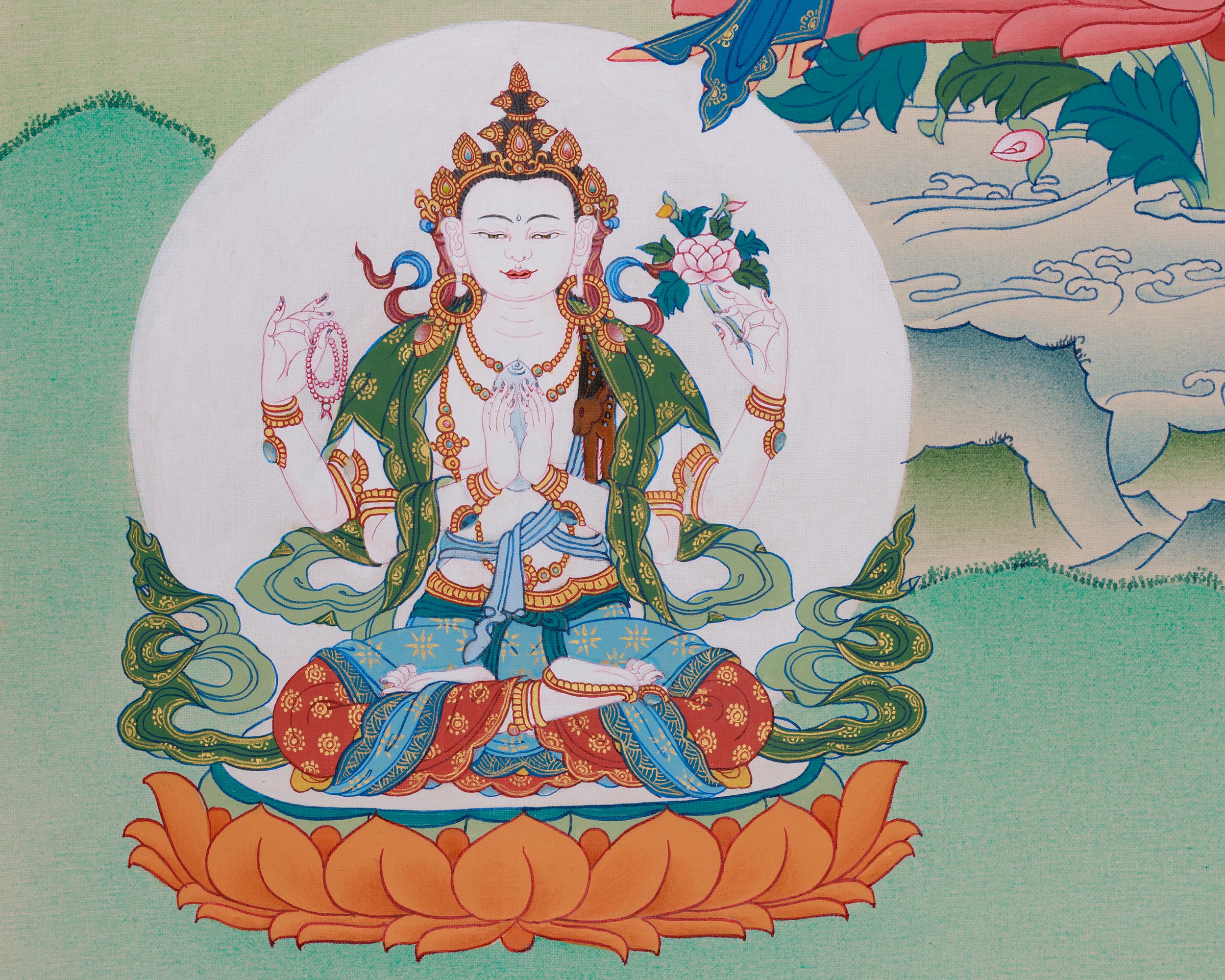 Manjushri with Chenrezig and Vajrapani Thangka | The Divine Triad of Wisdom, Compassion, and Protection