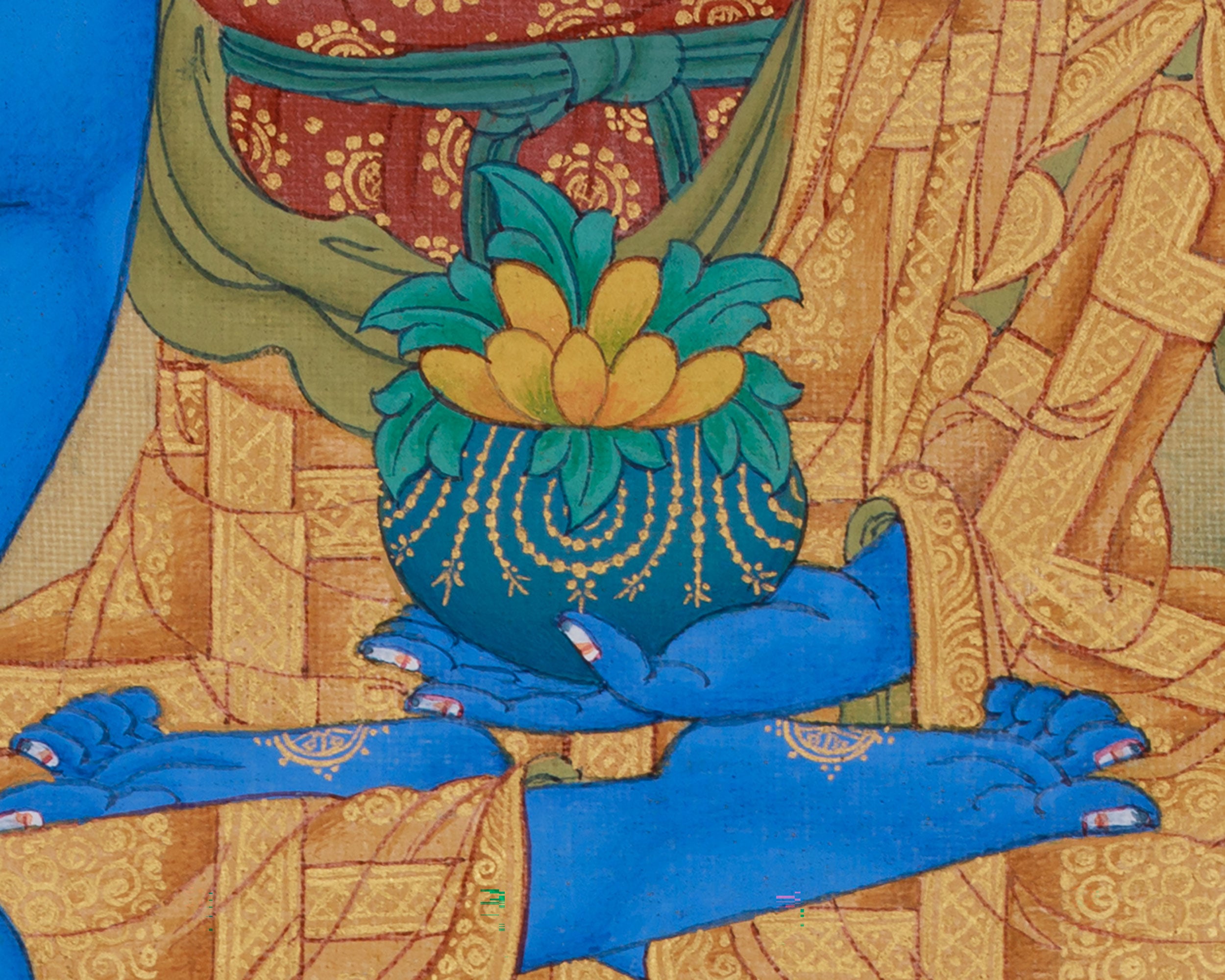 Bhaisajyaguru, The Healing Buddha | Blue Buddha Thangka with Healing Herb