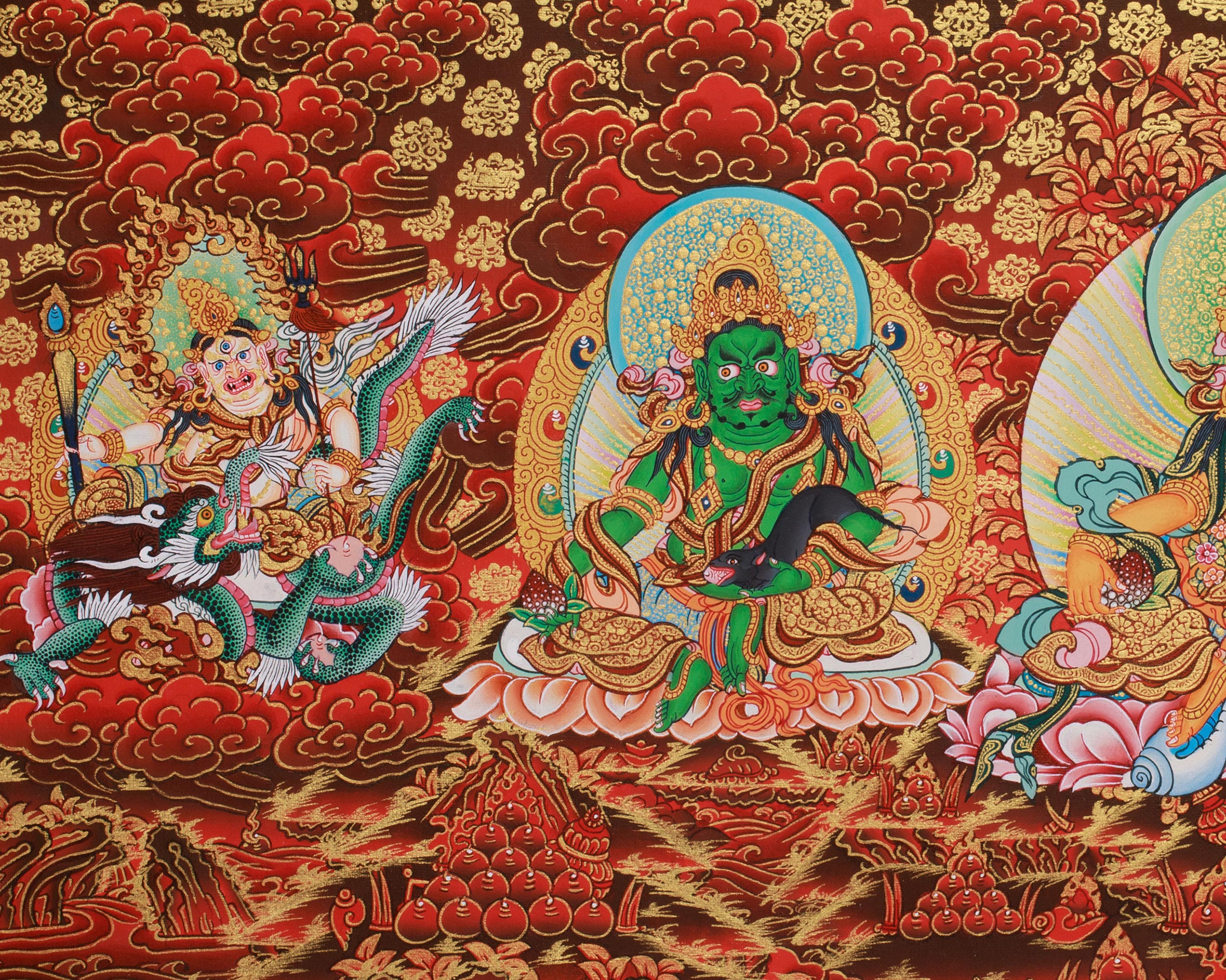 Buddhist Wealth Deities Manifestation | Gold Thangka of the Five Dzambhalas