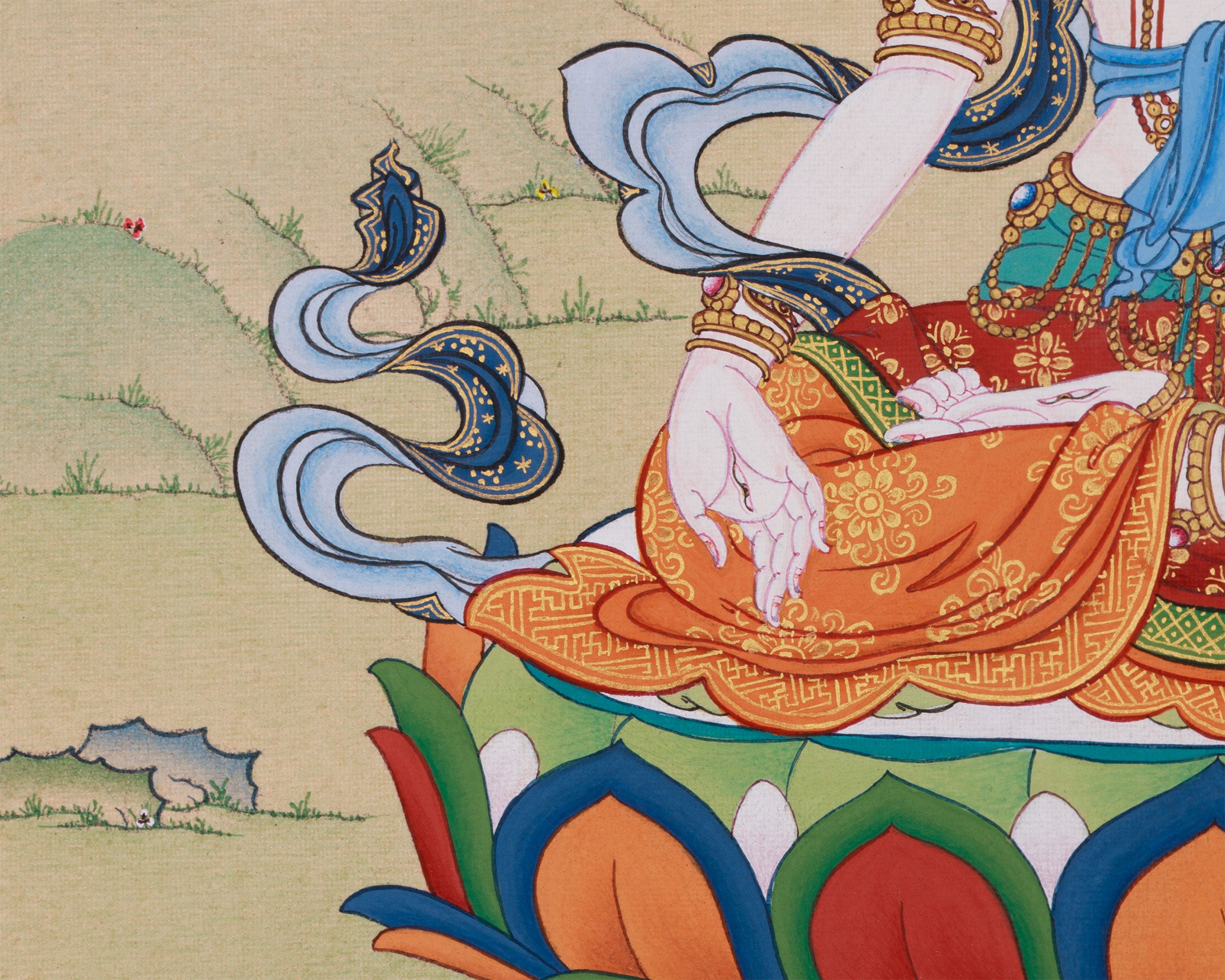 White Tara Buddhist Art | Seven-Eyed Goddess of Healing | 24K Gold & Natural Stone Colors