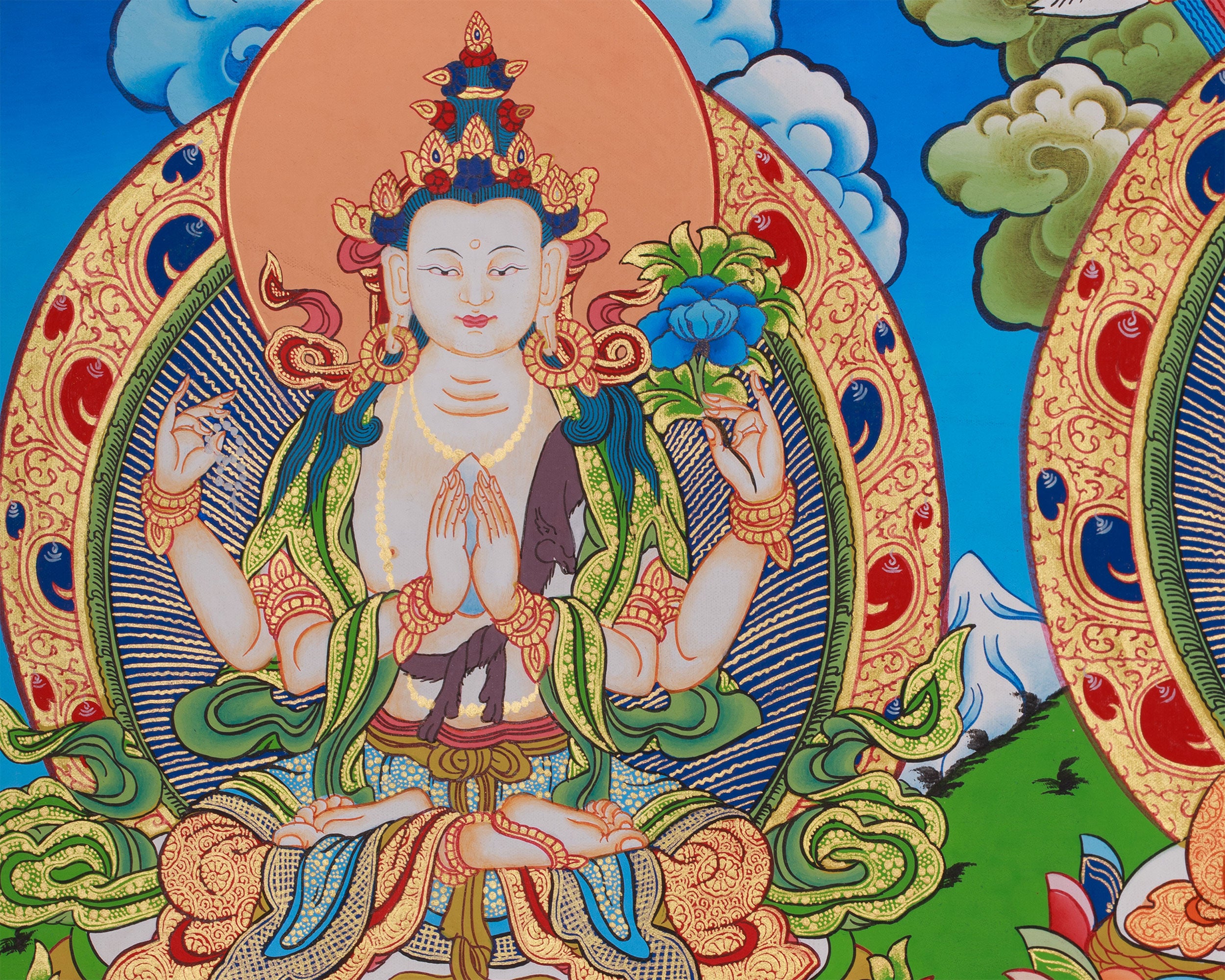 Traditional Buddha Shakyamuni Art | Enlightened One with Guru Rinpoche and Chenrezig