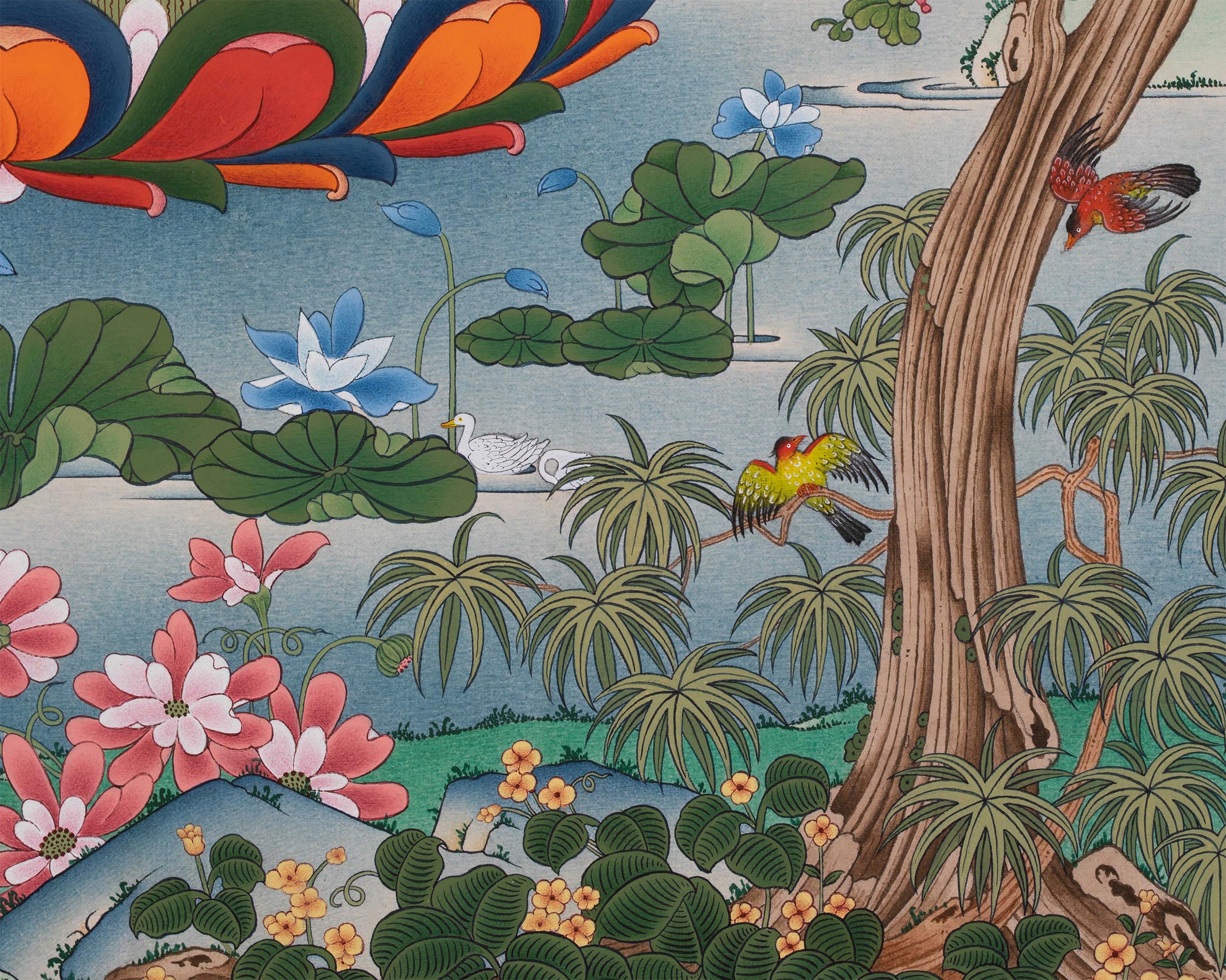 Rare Tibetan Buddha Shakyamuni Thangka Surrounded by Nature | A Vision of Enlightenment