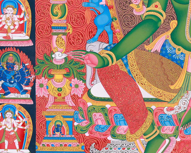 Green Tara and Divine Deities Thangka | Religious Hand Painted Art | Spiritual Decors
