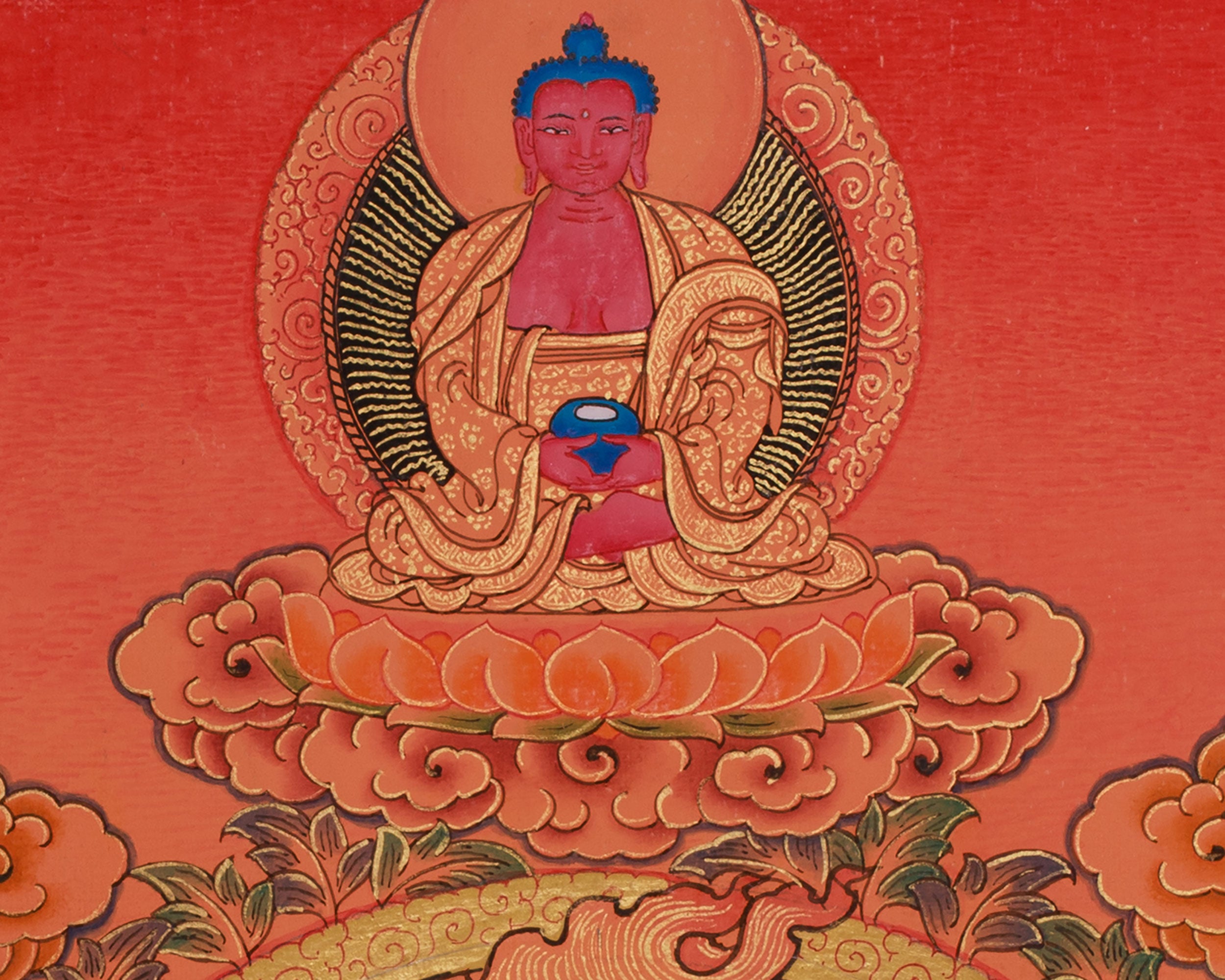 Manjushri with Five Buddhas & Bodhisattvas |  Sacred Thangka of Wisdom and Enlightened Energy