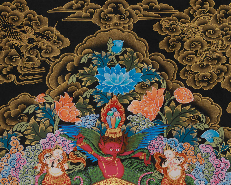 A Rare Collectable Artwork of Medicine Buddha | Four Heavenly Kings | 24K Gold Embellishments on Black Canvas