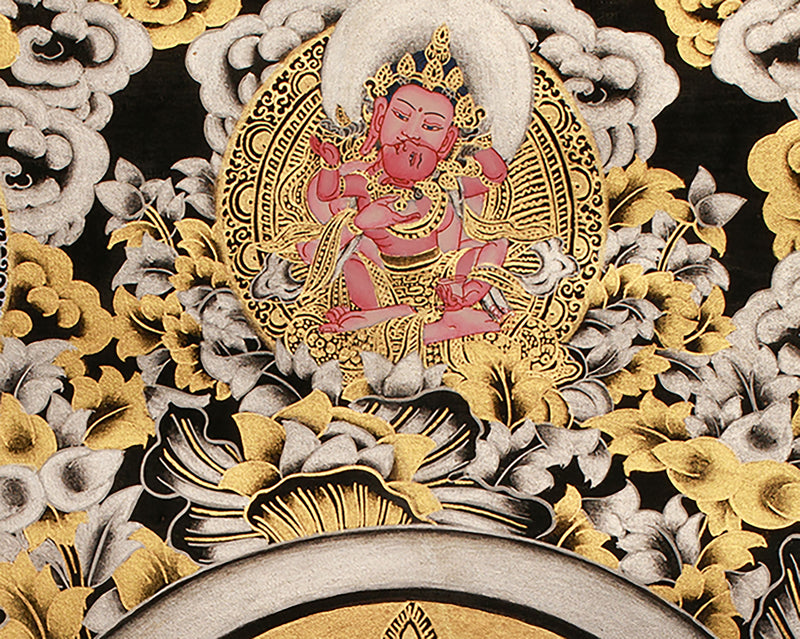 The Tranquil Presence of 4 arms Avalokiteshvara | Gold Embellished Thangka of Compassion