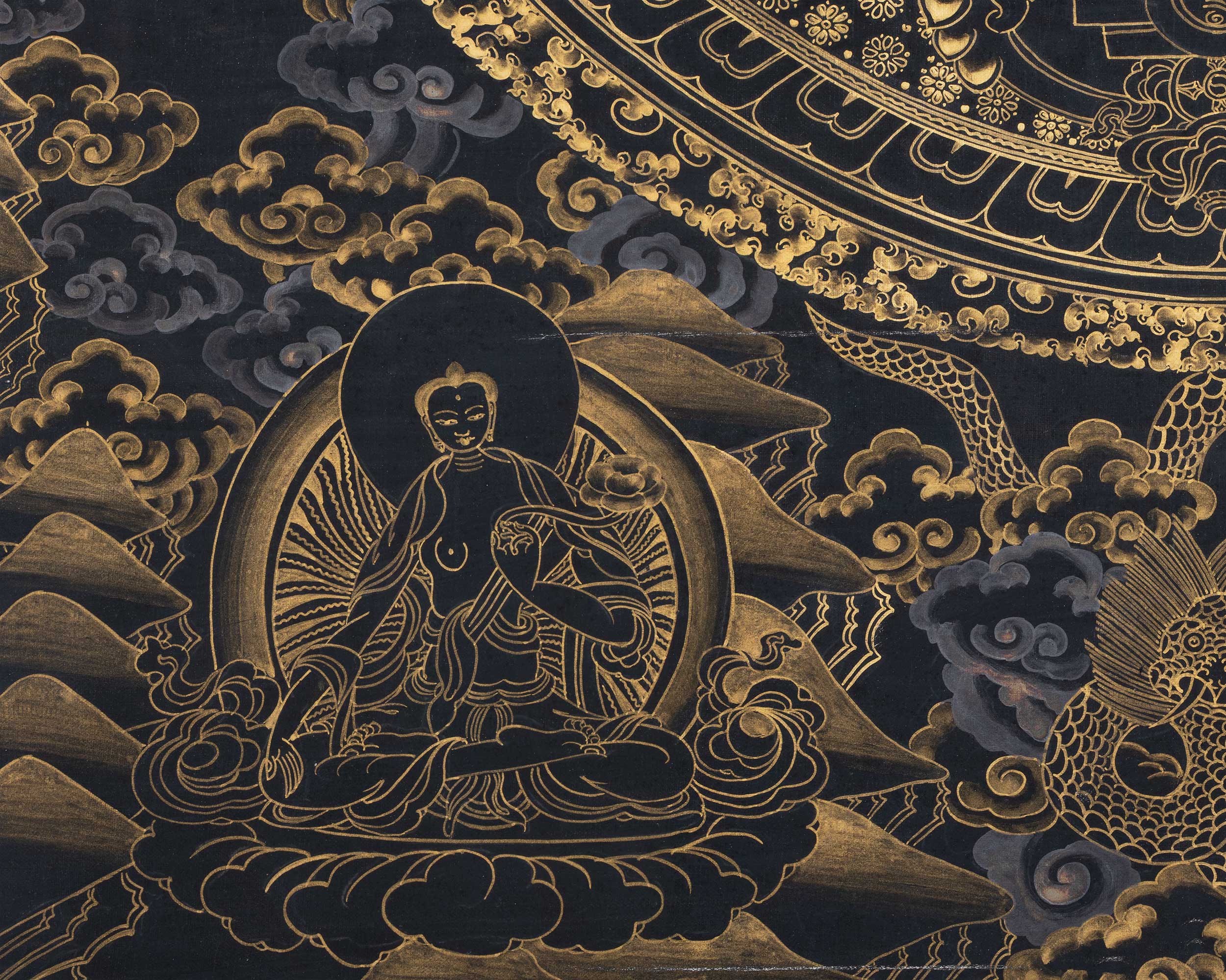 Gold And Black Style Chenrezig Mandala Thangka | Tibetan Buddhist Art