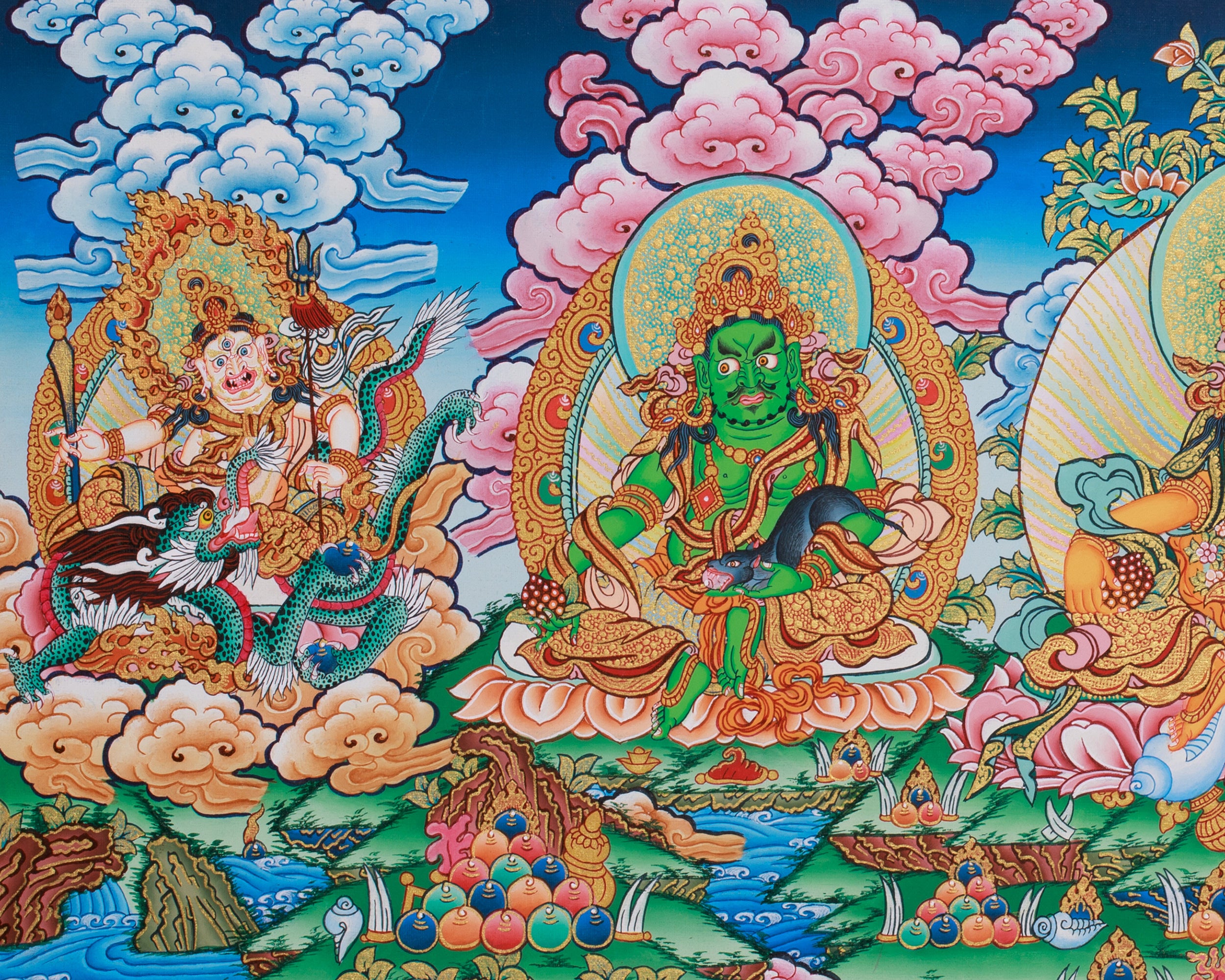 Tibetan Five Jambhalas Thangka | Buddhist Guardians of Wealth & Abundance