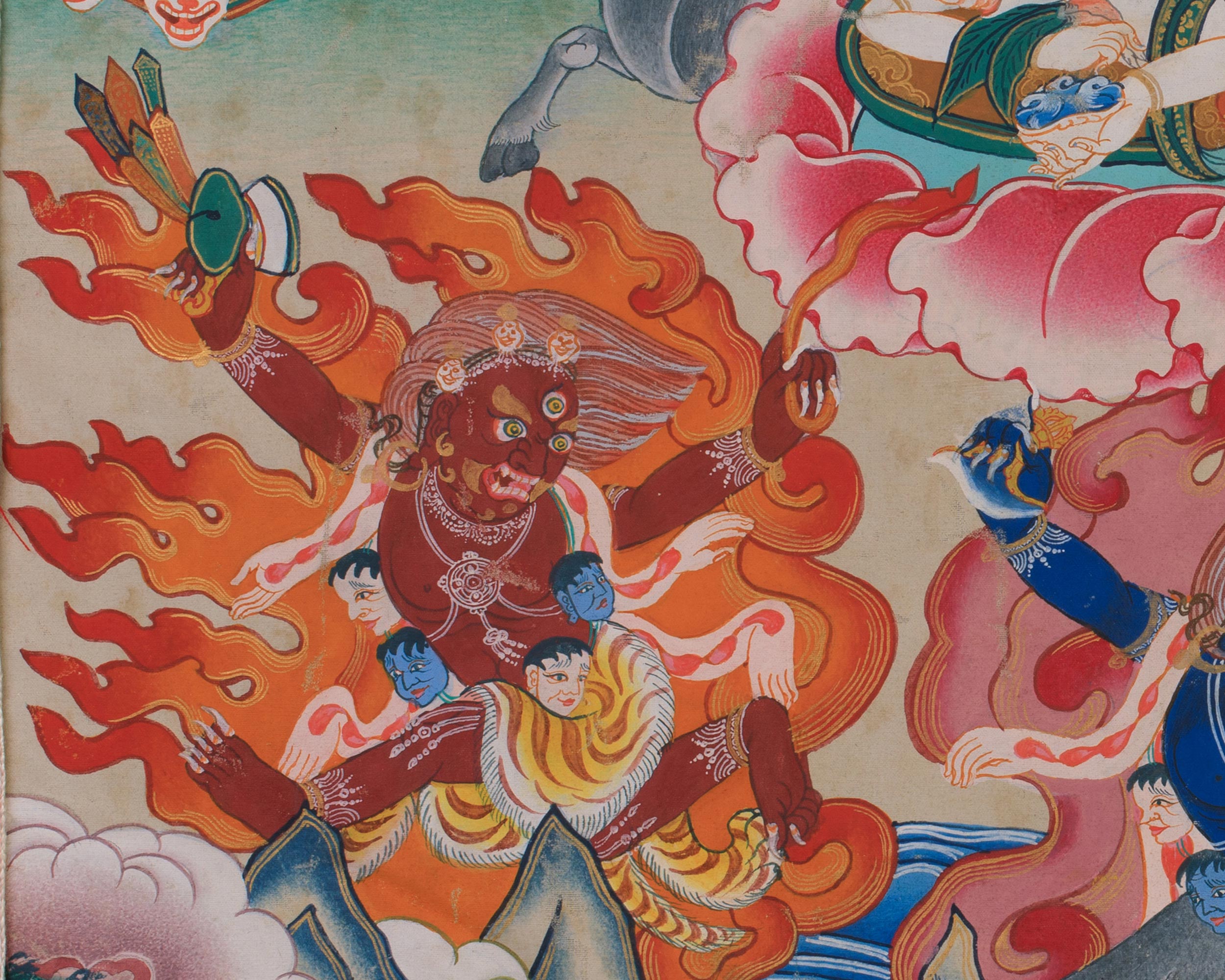Six-Arms Mahakala Thangka With Brocade | Tibetan Protector Deity for Powerful Protection