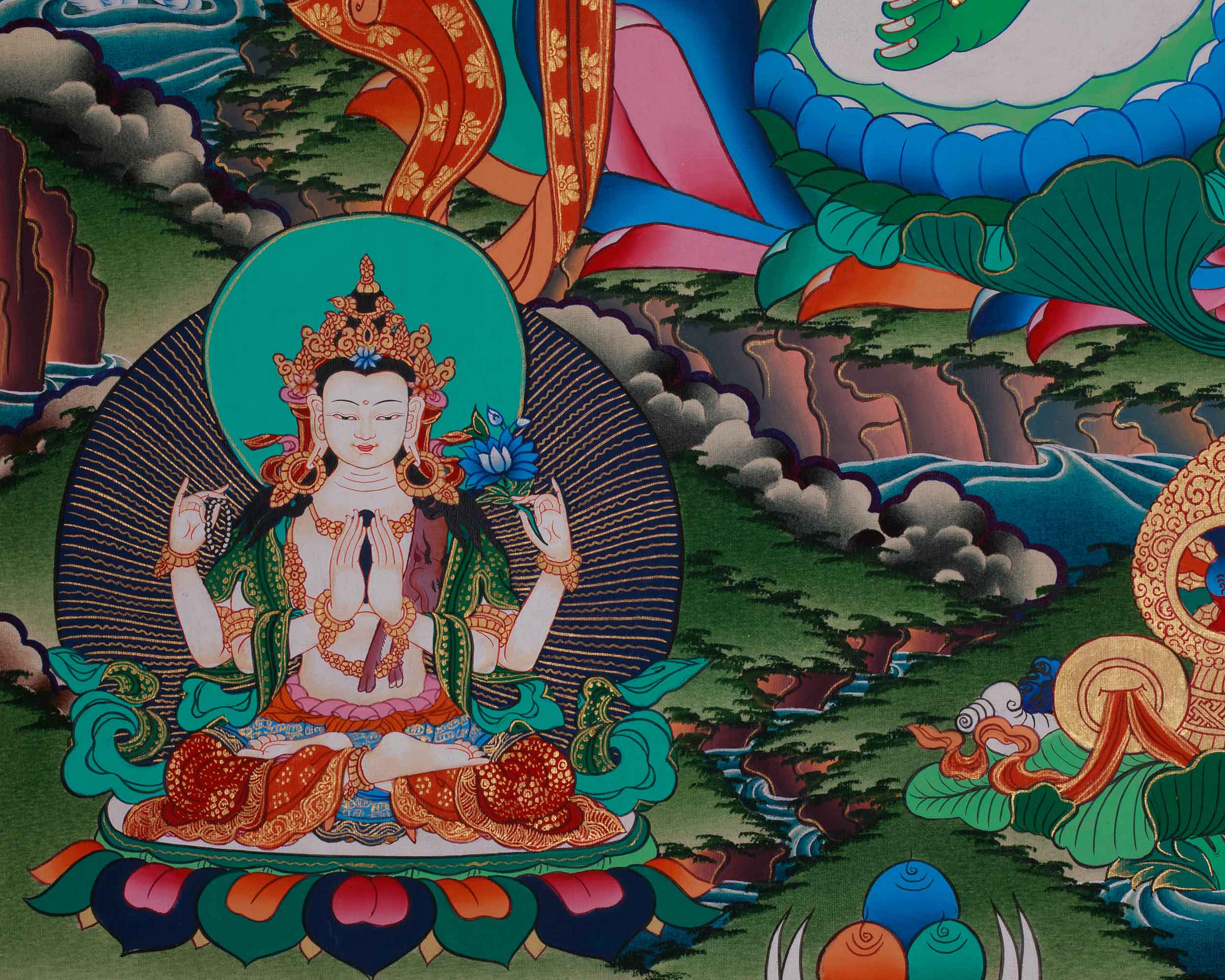 Divine Thangka of Green Tara with Amitabha Buddha, Chenrezig, and Vajrapani | Spiritual Art