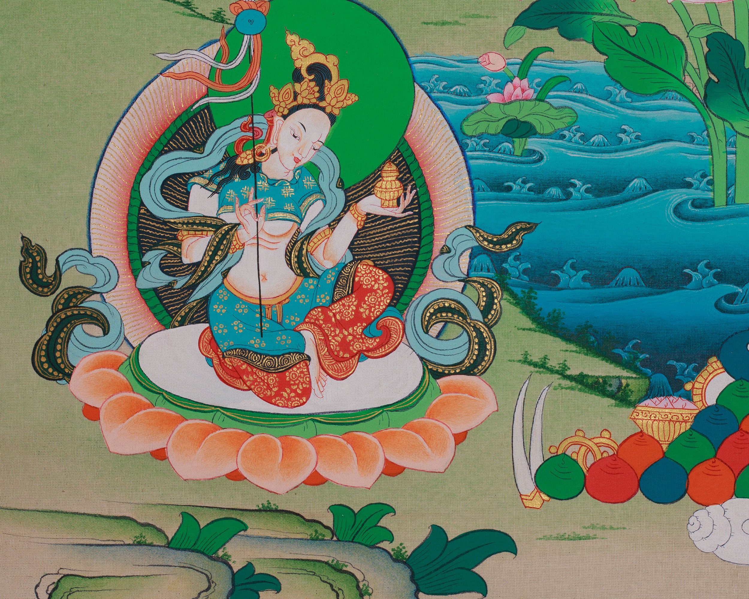 Spiritual Teacher Guru Padmasambhava | With His Two Principal Consort and Five Dhyani Buddhas