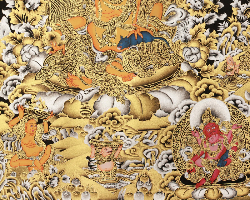 Rare Five Dzambhalas Thangka Masterpiece | Pure Silver & Gold Splendor