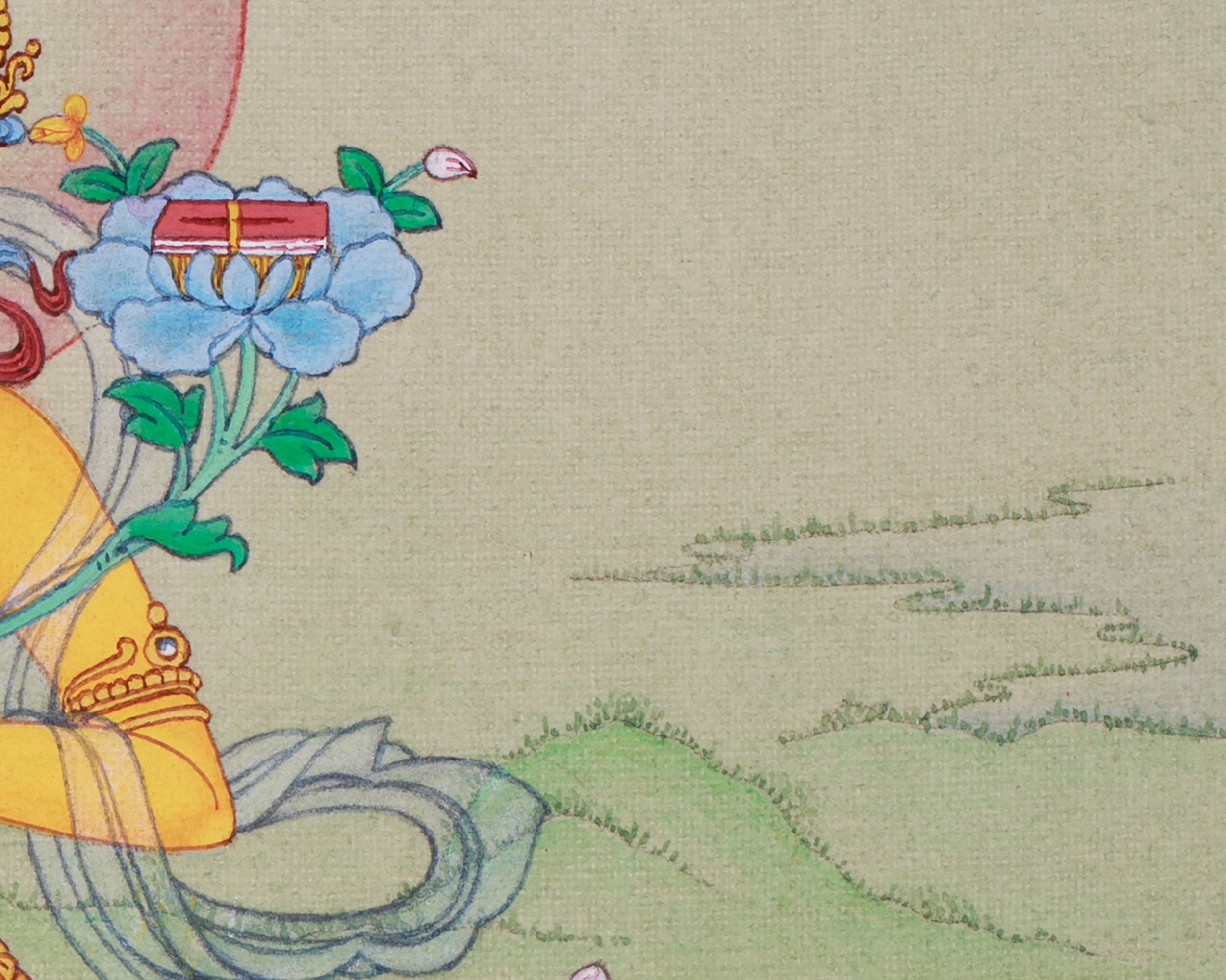 Manjushri: Detailed Small Thangka with Lhasa Stone Colors