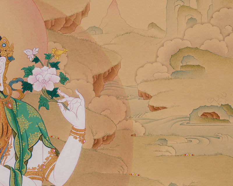 Sumptuous Compassionate Buddha Thangka - Four-Armed Chenresig with Lhasa Stone Enrichment