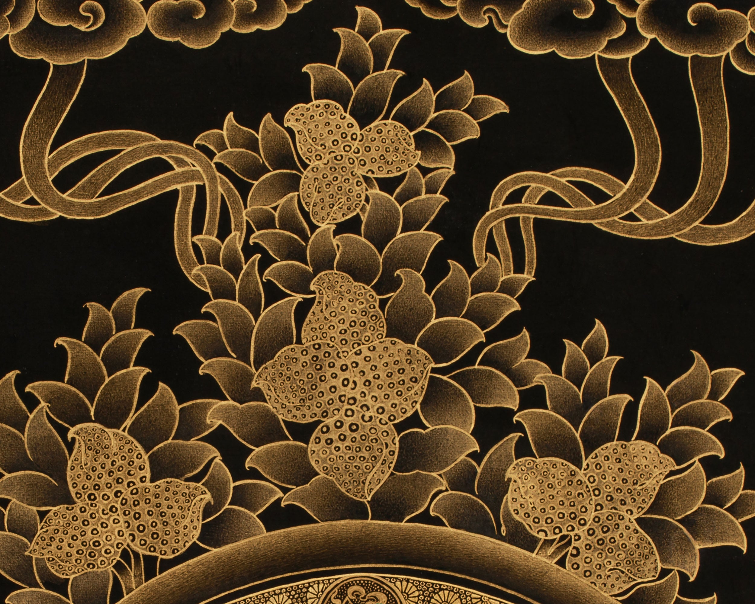 Gold on Black Five Dzambhalas Thangka | Hand-Painted Tibetan Wealth Deities