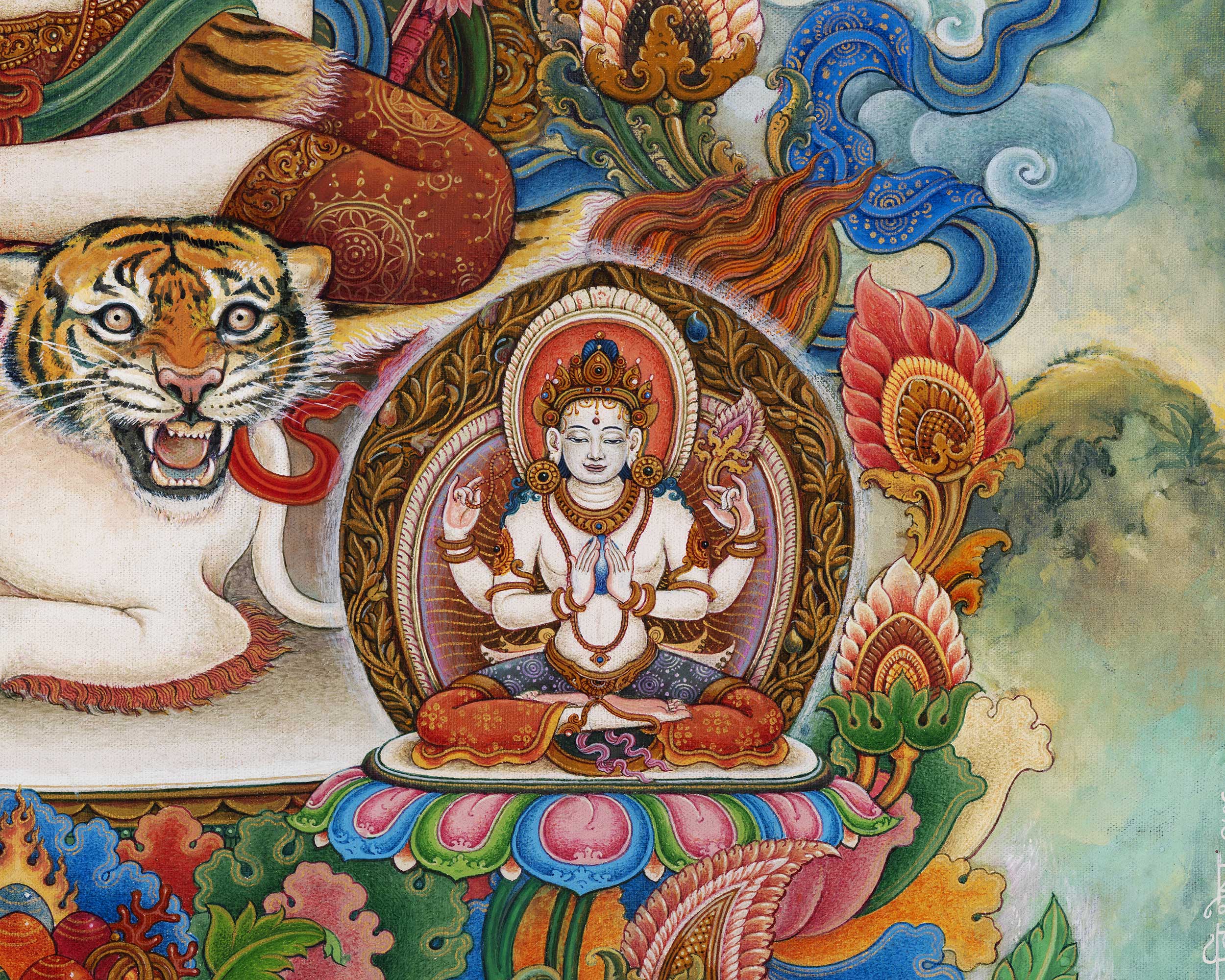 Simhanada Avalokiteshvara Seated On A Roaring Lion Print | Himalayan Art For Healing Practice