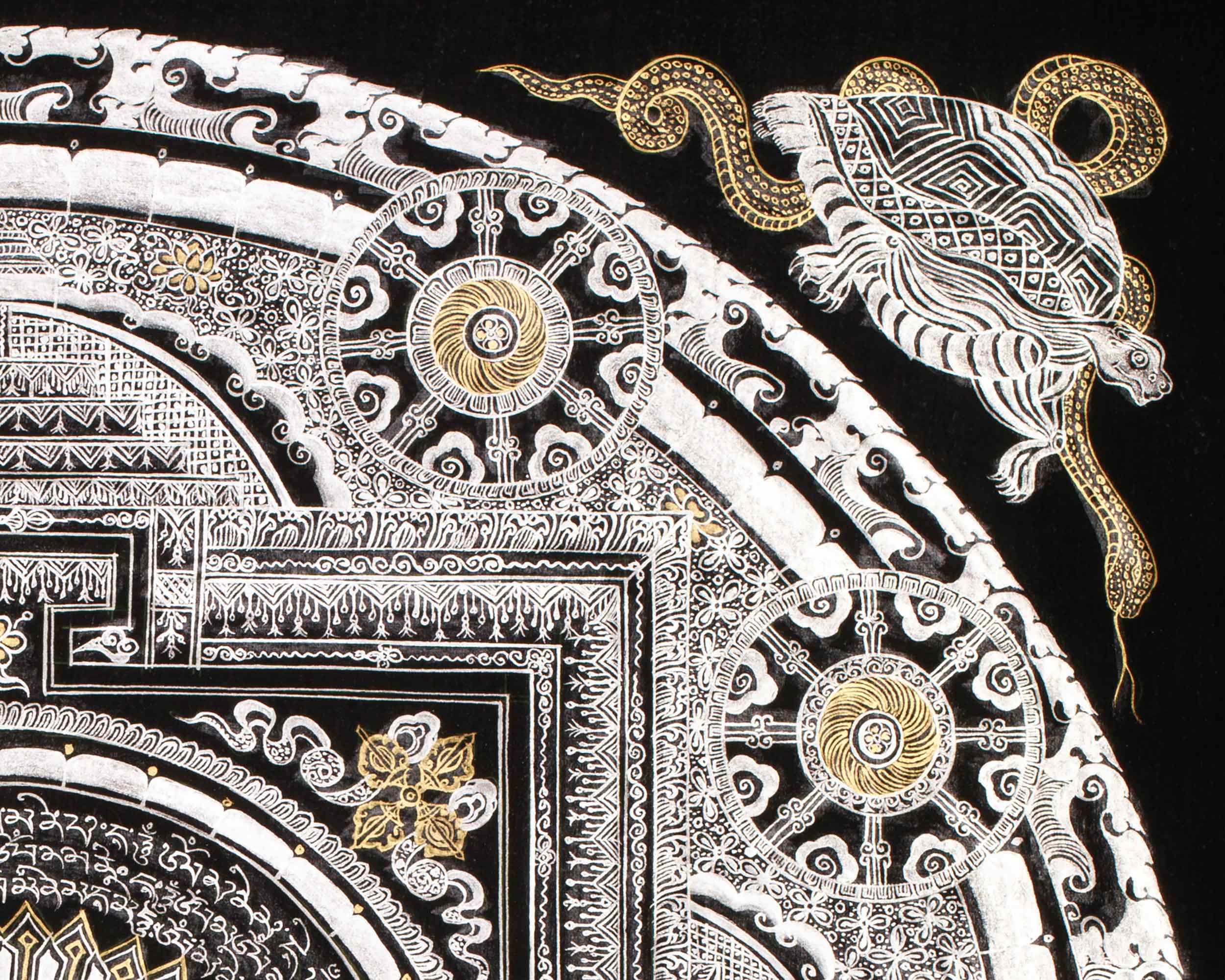 Silver with Gold Mantra Mandala | Four Mythical Creatures | Mandala Painting