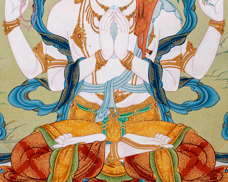 Compassion Buddha Avalokiteshvara Thangka| Authentic Stone Colors from Lhasa, Tibet