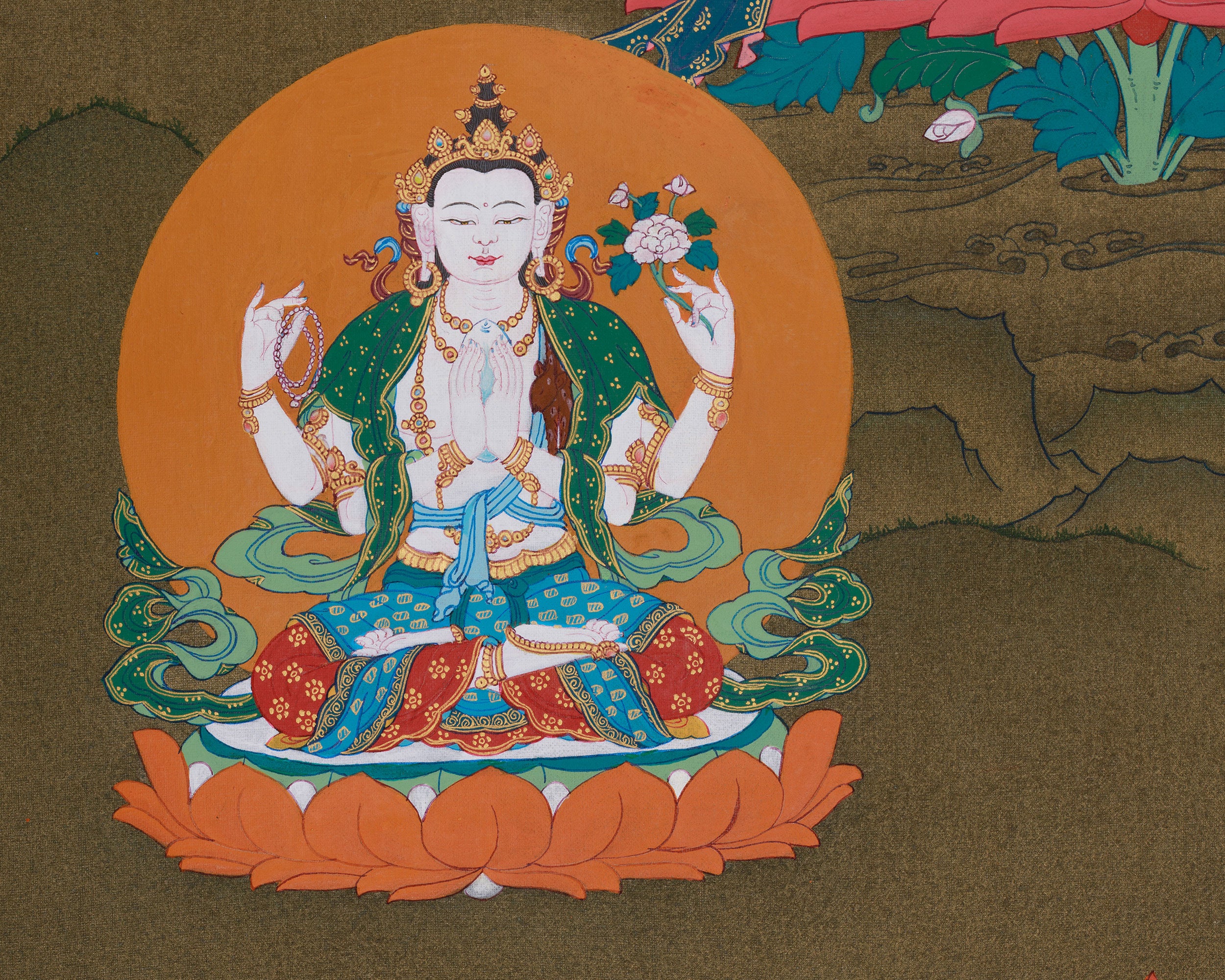 Tibetan Buddhist Manjushri with Chenrezig and Vajrapani | Thangka of Three Bodhisattvas