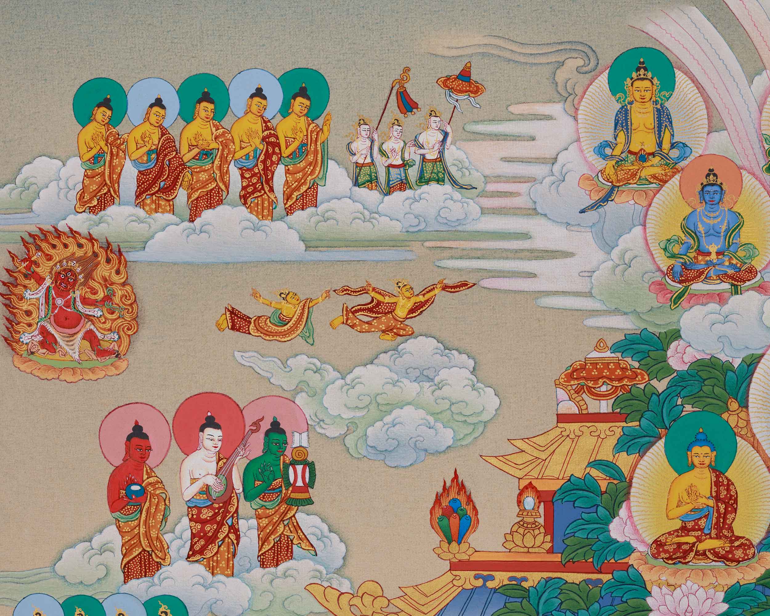 Himalayan Amitabha Singham Thangka | Pure Land Blessings