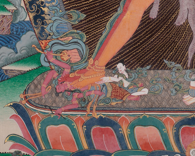 Kalachakra and Vishvamata, Yidam Deity Thangka | Red and Yellow Silk Brocade